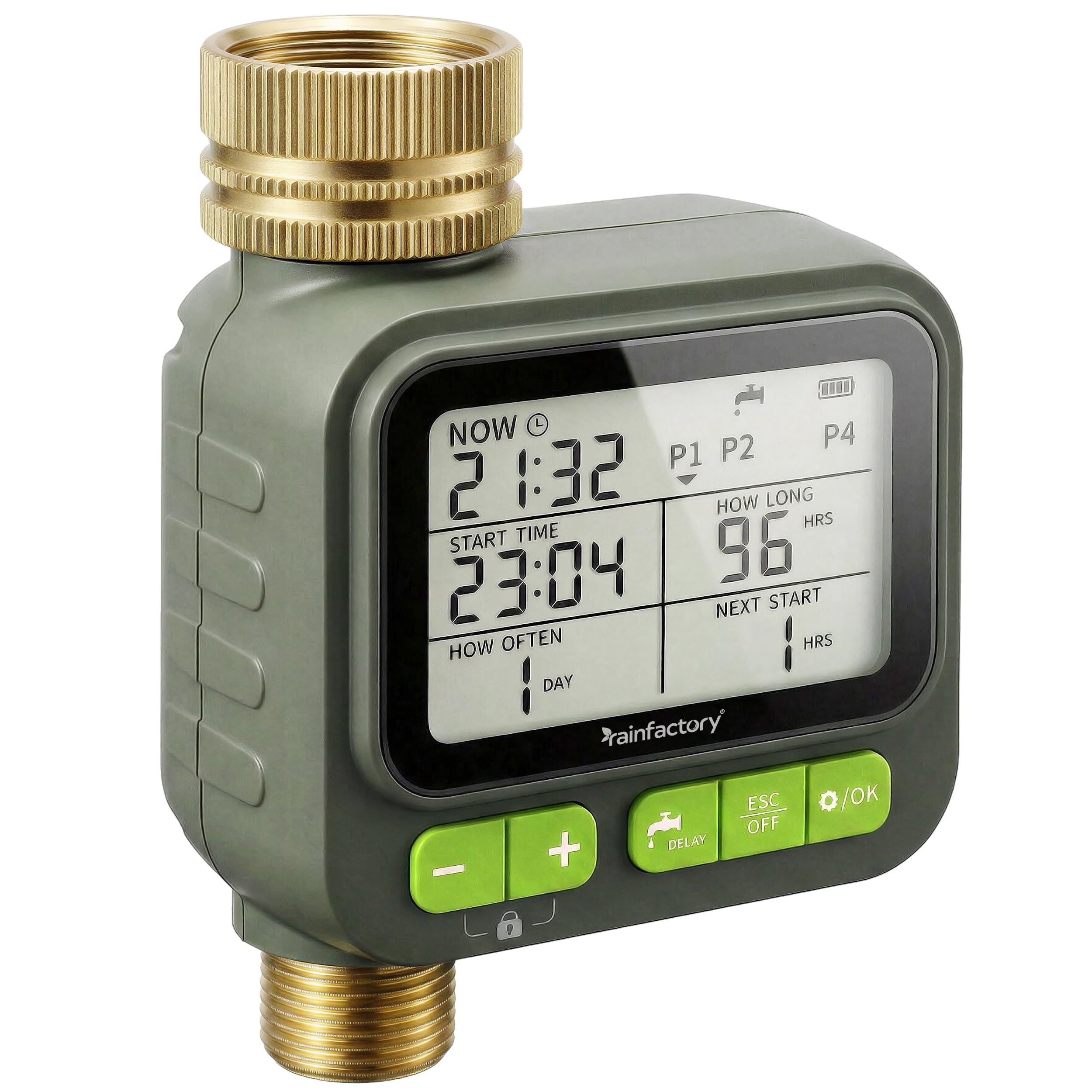 rainfactory - timer irrigazione automatico 1 via, centralina irrigazione a batteria IP65 con display LCD, 4 programmi, manuale, delay pioggia, raccordo ¾" per giardino, balcone, vasi, goccia a goccia!