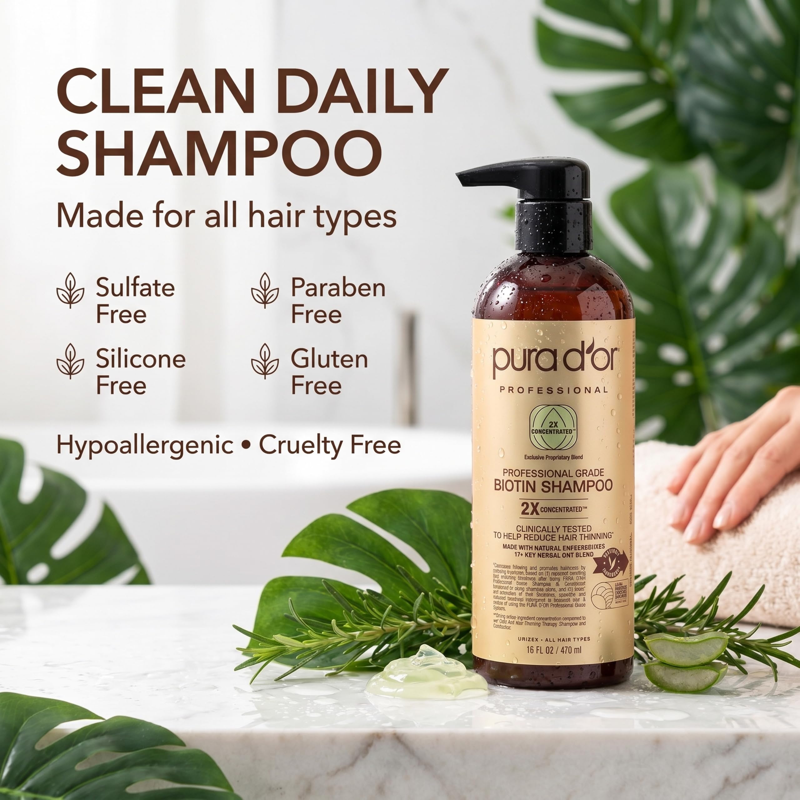 PURA D'OR Professional Anti-Haarausdünnungs-Biotin-Shampoo (473 ml) mit 2X konzentrierten Wirkstoffen - sulfatfrei, natürliche Inhaltsstoffe - klinisch getestet, Männer und Frauen