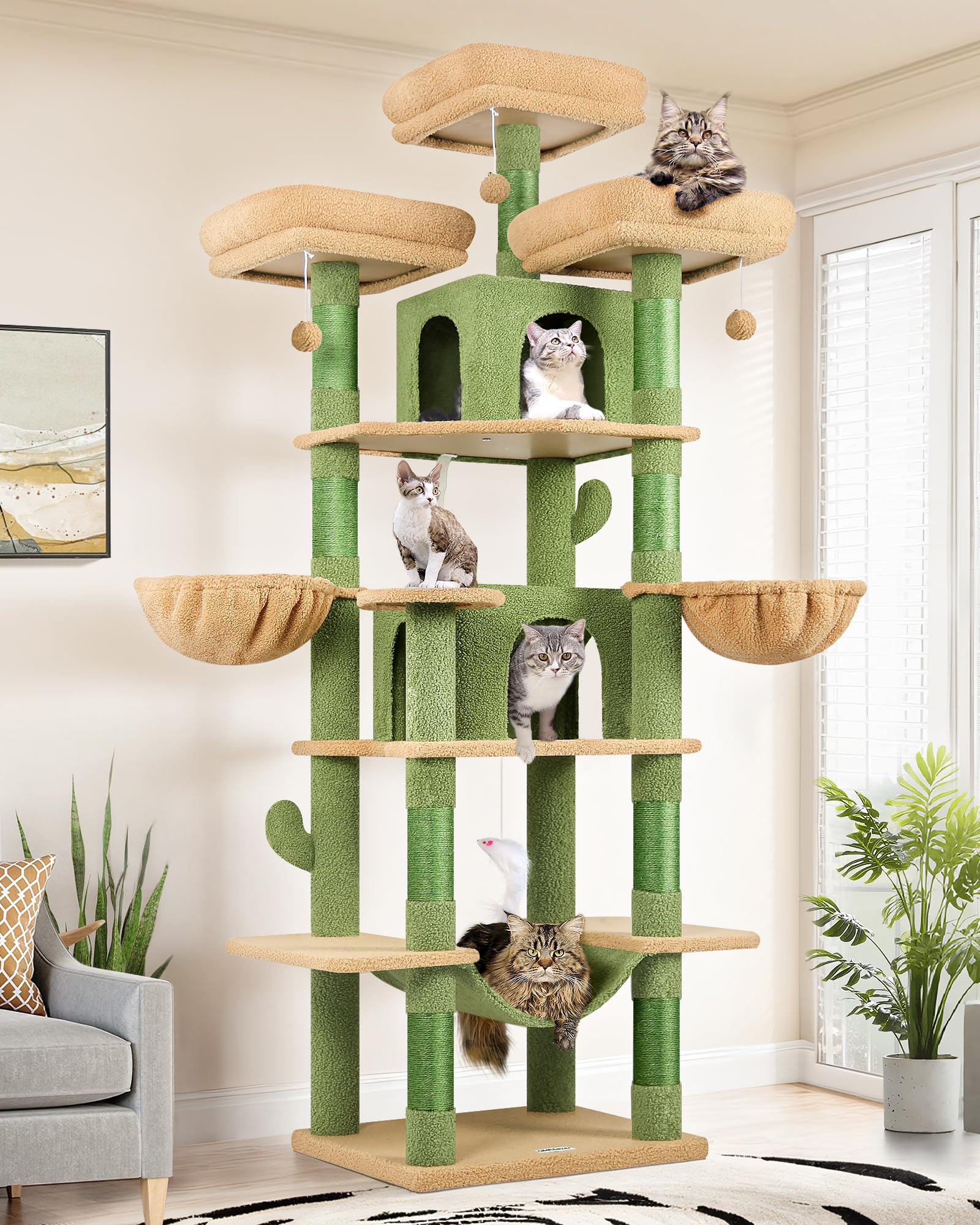 Globlazer Tiragraffi per Gatti Grandi XXL Cactus Verde Alto 204 cm con 3 Trespoli Imbottiti, 2 Grotte, 2 Cestini, Amaca, Albero Tiragraffi per 3-5 Gatti Riposo Gioco Graffio Interno (F80, Verde)
