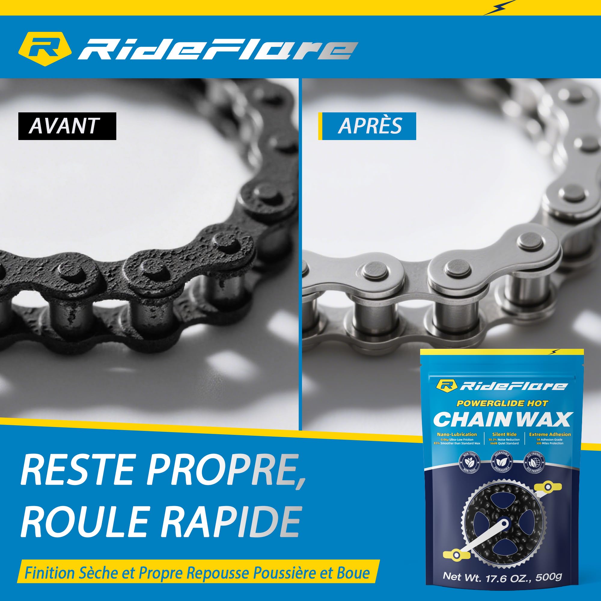 RideFlare Premium Cire pour chaîne 500g – Lubrifiant à chaud pour chaîne de vélo avec formule ultra-faible friction – Cire pour vélo durable et écologique pour une protection supérieure du groupe