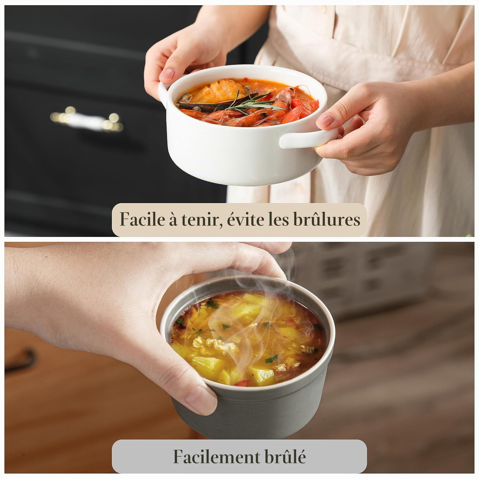 MALACASA REGULAR Bols à Soupe avec Poignées en Porcelaine, Bols à Céréales pour Petit Dejeuner, Bols Blanches 800 ml Lot de 6, Passe au Lave-Vaisselle et au Four