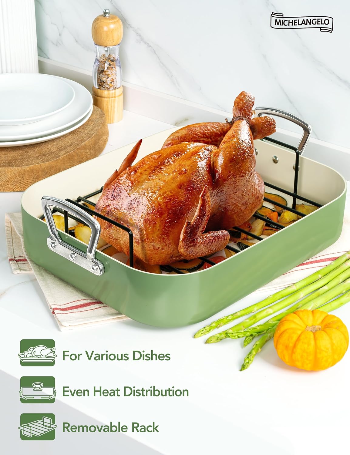 MICHELANGELO Nonstick Ceramic Roasting Pan with Rack, Turkey Roasting Pan with Ceramic Coating, Turkey Roaster Pan with Stainless Steel Rack, 15 Inch x 13 Inch - Green - Image 2
