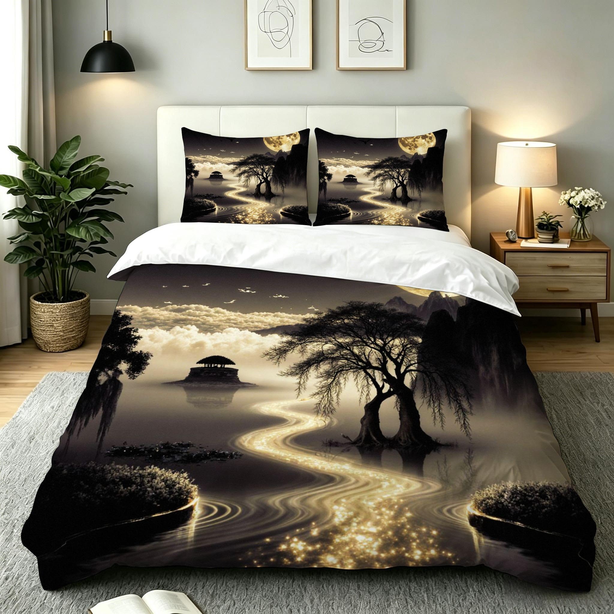 Housse de couette 140x200 paysage gris avec 2 taies d'oreiller pour le lit de votre enfant