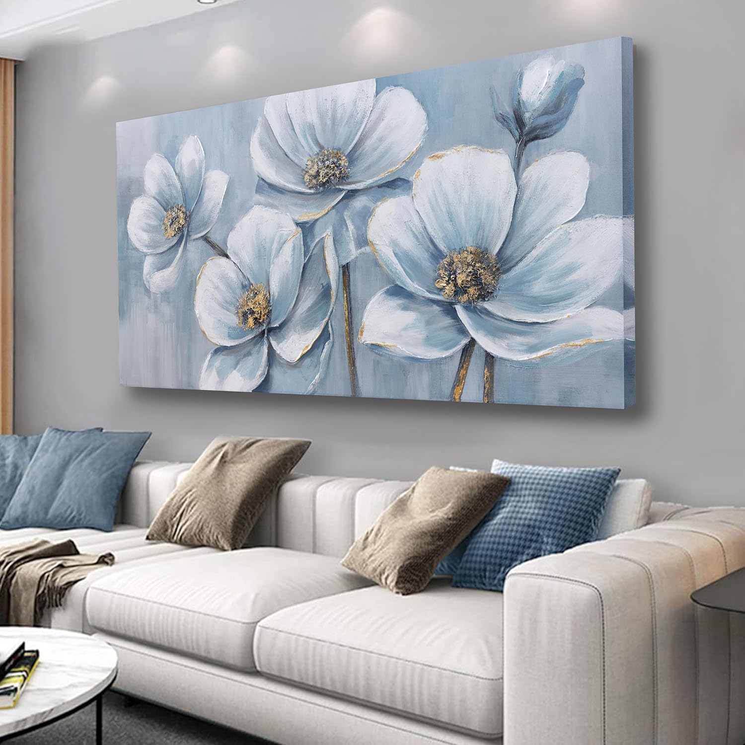 Belmrxne Flower Painting Blue Wall Art Modern Canvas Hanging Wall Decor Rustic Canvas Painting for Living Room Bedroom Dining Room Office Home Decor 24x48 inch 24"x48" Blue