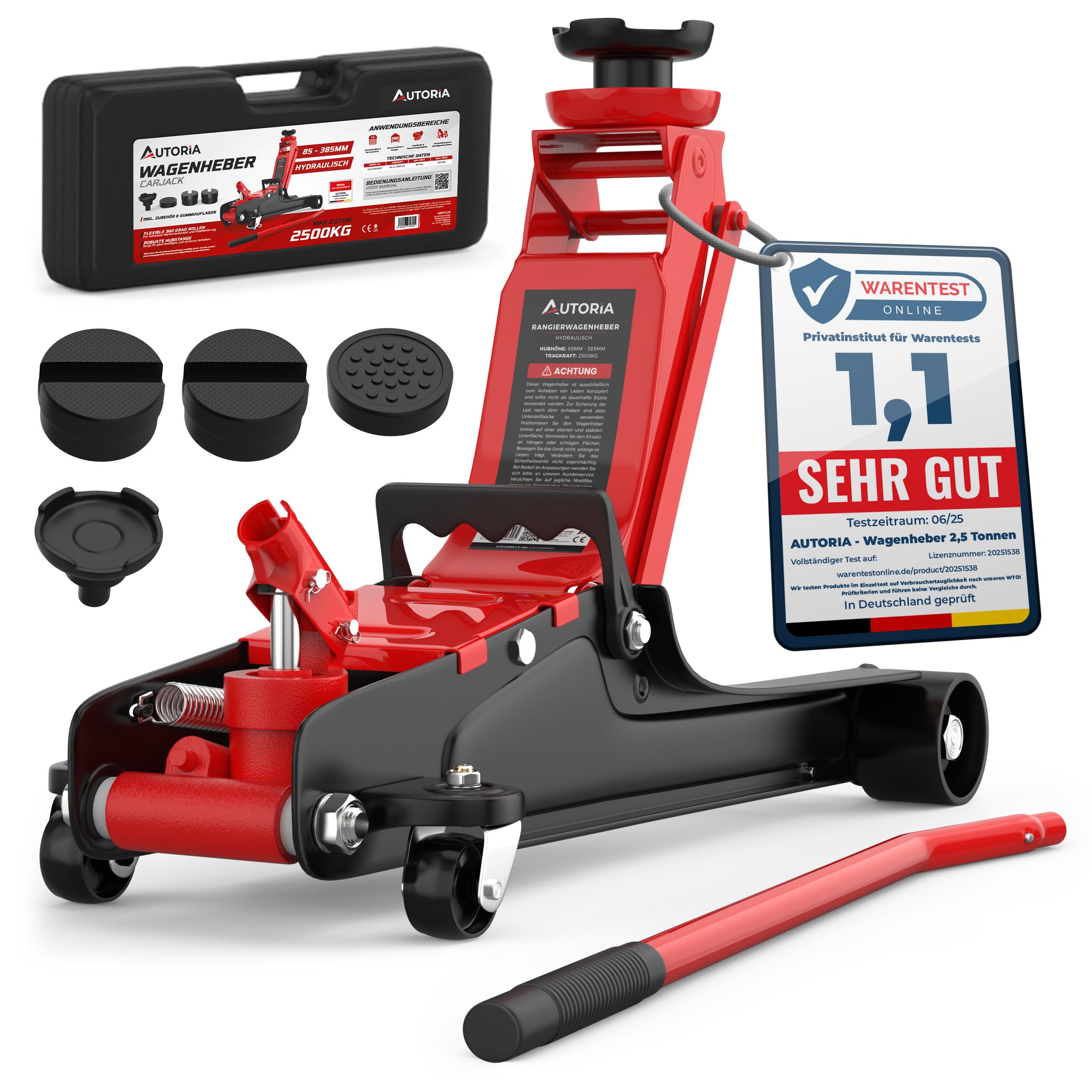 Wagenheber 2,5T extra flach – Hydraulischer Rangierwagenheber mit Transportkoffer, 3 Gummiauflagen & Adapter – Auto Wagenheber für PKW bis 2.500 kg (Rot)