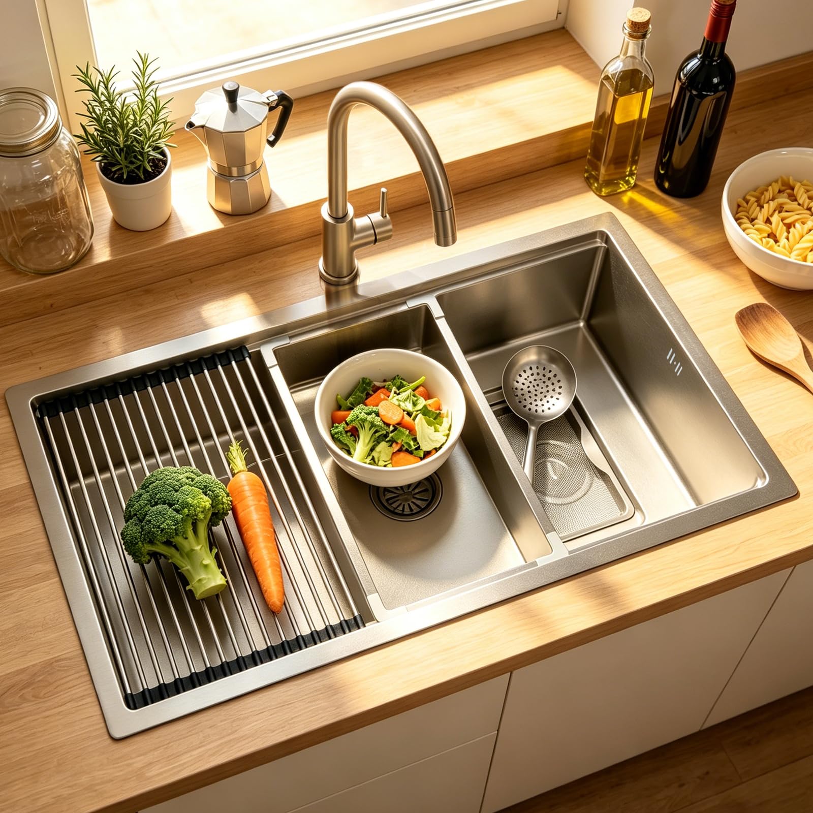 ZQFHSX 304SUS Stainless Steel Kitchen Sink, 80 x 50 cm, Silver 1 Basin, Built-in Rectangular, with Draining Board, Drain Fitting and Overflow Kit for Undermount