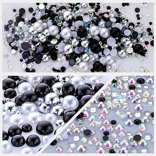 Miniatura 2 de Diamantes de imitación de perlas blancas y negras de 2.12 oz para manualidades, tamaño mixto de 0.116 a 0.394 pulgadas, color AB, medias perlas,