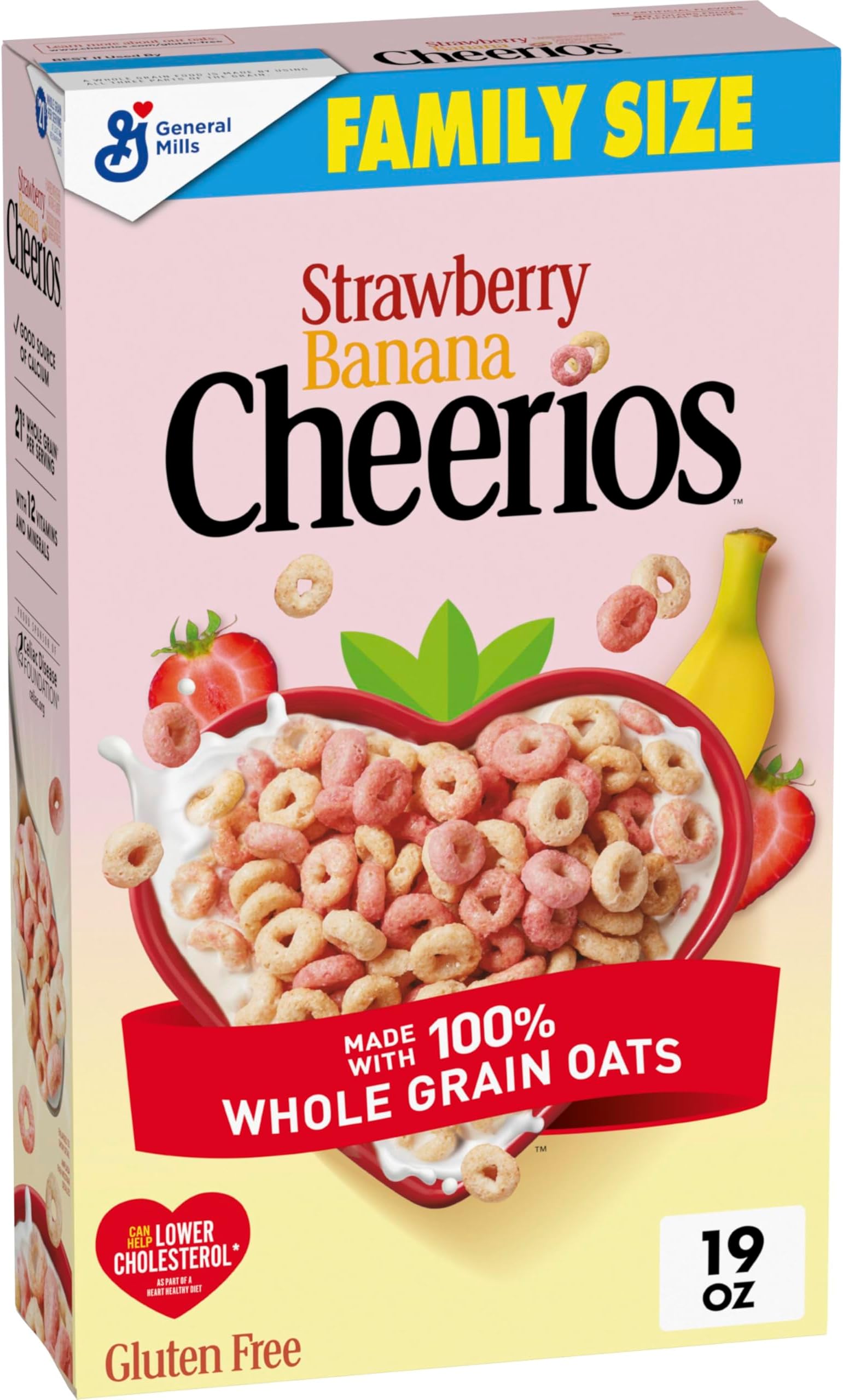Strawberry Banana Cheerios, Heart Healthy Gluten Free Breakfast Cereal, Made with Whole Grain Oats, Family Size, 19 oz