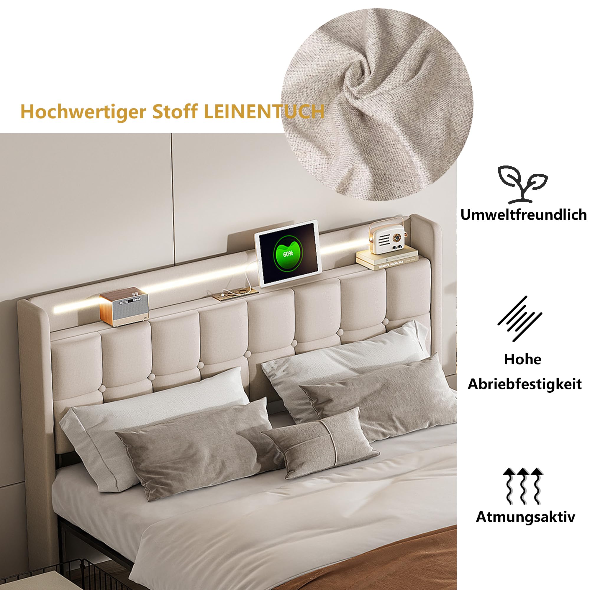 Polsterbett 160x200 Mit 4 Schubladen - Touch Nachtlicht & USB Ladeanschluss