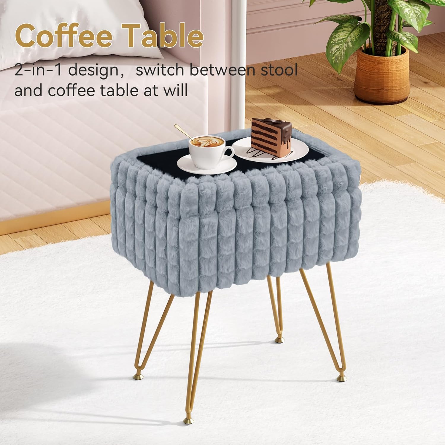 Rectangle Vanity Chair with Storage, Faux Fur Vanity Stool with Anti-Slip Adjustable Feet, Fur Footstool Ottoman for Makeup, Bedroom, Square Grid Pattern, Gary