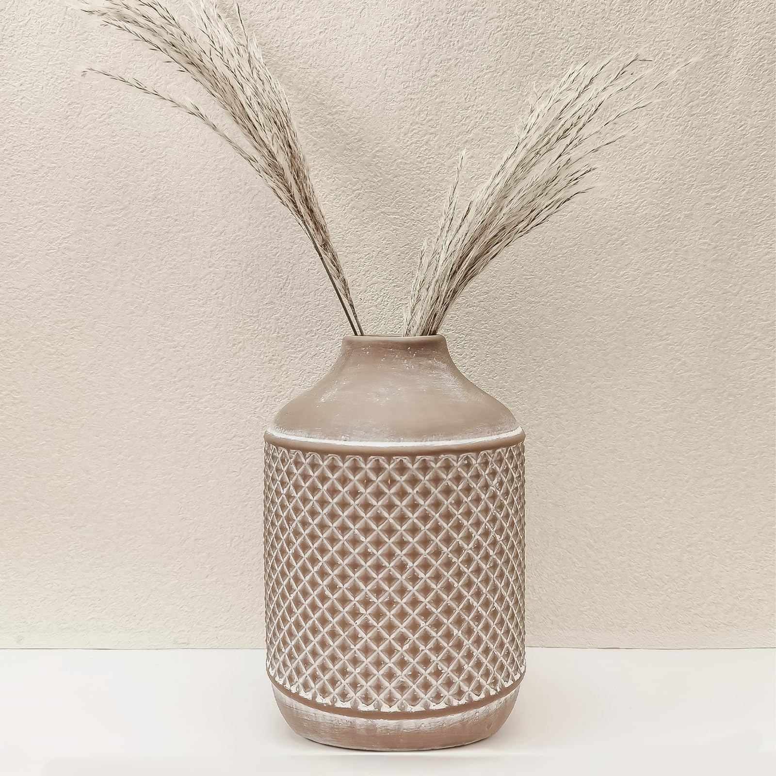 Decorative Ceramic Vase for Home Decor,Organic Modern Farmhouse Boho Rustic Vases,Checkered Textured Pottery Vase for Living Room Dining Table Flower Vintage Vase,Tan Vase