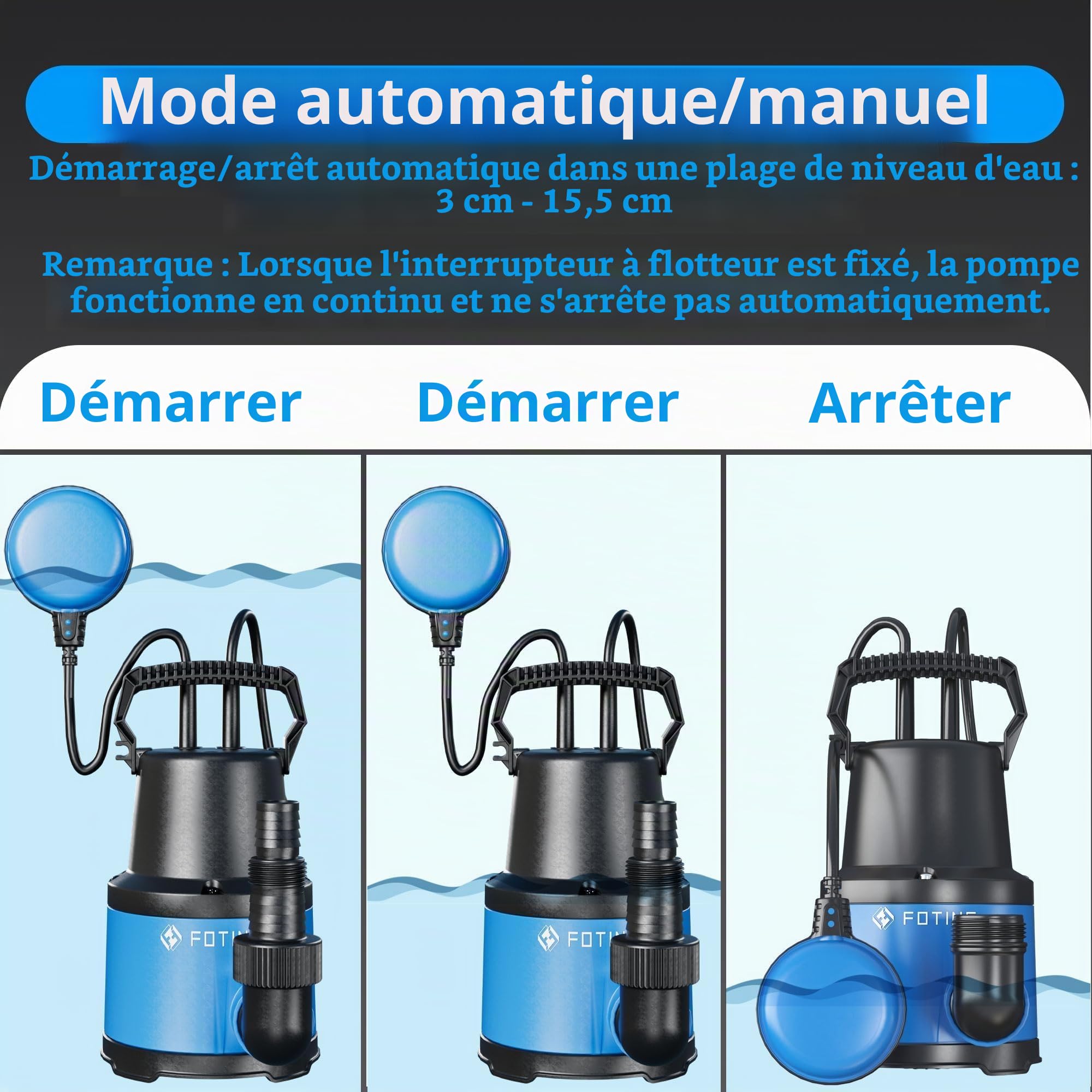 FOTING Pompe d’évacuation, Moteur 400W, Débit 8 000 L/h, Hauteur de refoulement max : 8 m, Profondeur d’immersion max : 7 m, Taille particules max : 5 mm