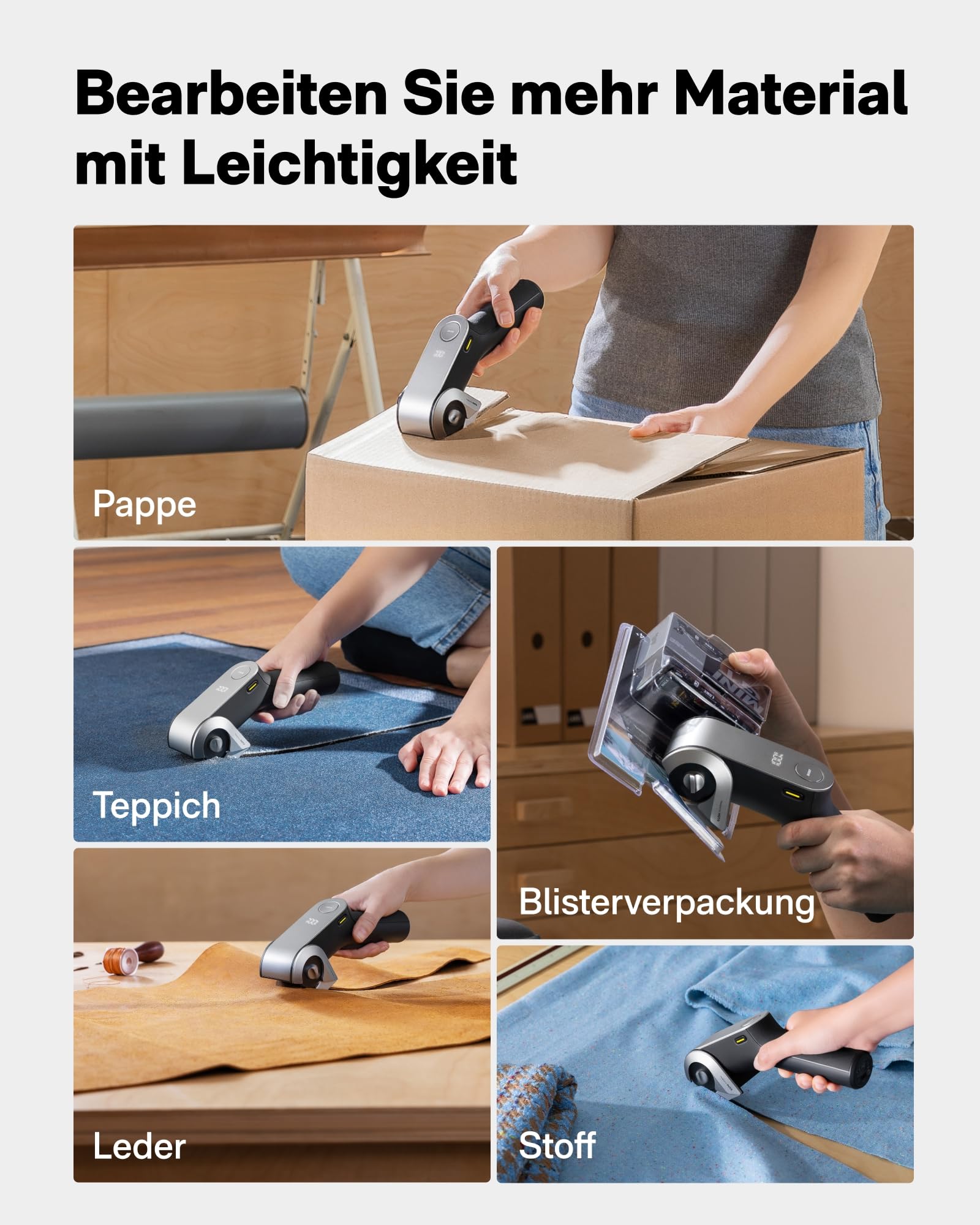 HOTO Kartonschneider Elektrisch mit Titanklinge & LED-Display, Selbstschleifend & Sicherheitsverriegelung Elektrischer Kartonschneider, EdgeFlow-Elektrische Schere für Karton, Teppich, Leder, Stoffe