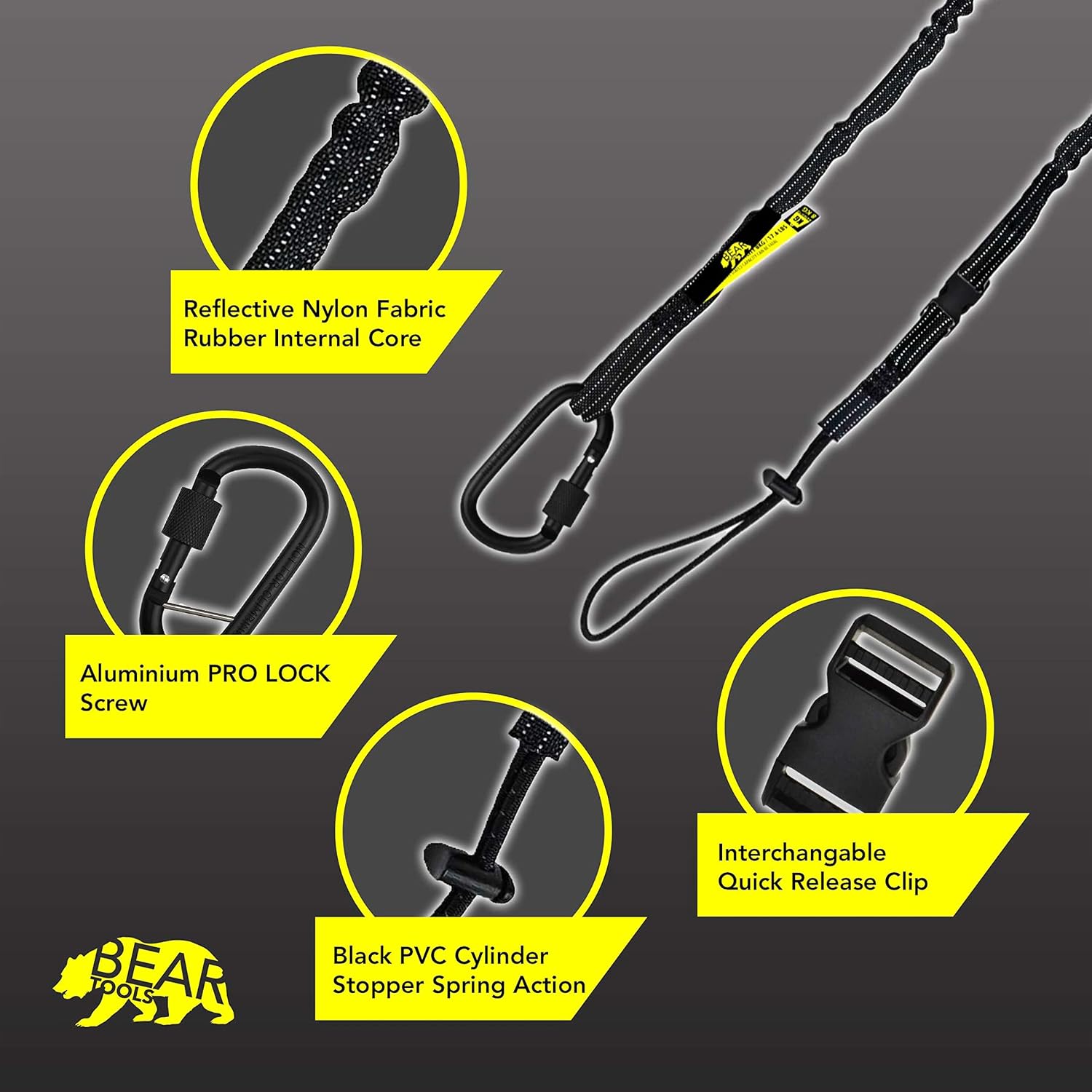 BearTOOLS Interchangeable Quick Switch Tool Safety Lanyard – 3 in 1 - Safety Fall Protection – Aluminium Screw Lock – Twin Locking Attachments - Ultra-Sturdy (Black 3PK)