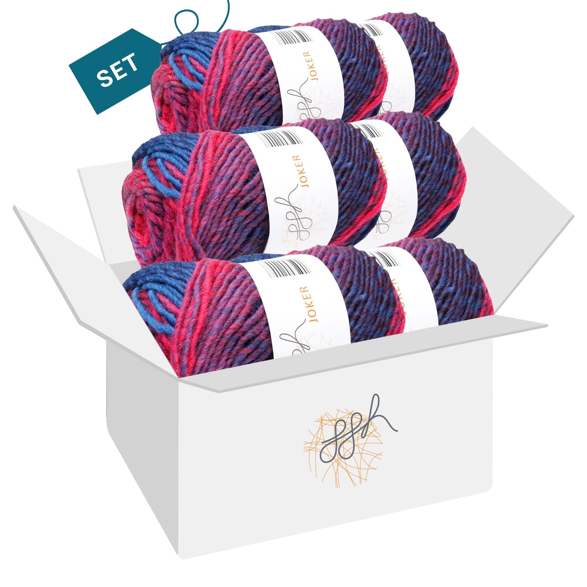 ggh Joker Box - 6 Knäuel - Schurwolle Mischung mit Farbverlauf - Wolle zum Stricken oder Häkeln Farbe 029 - Magenta-Blau meliert