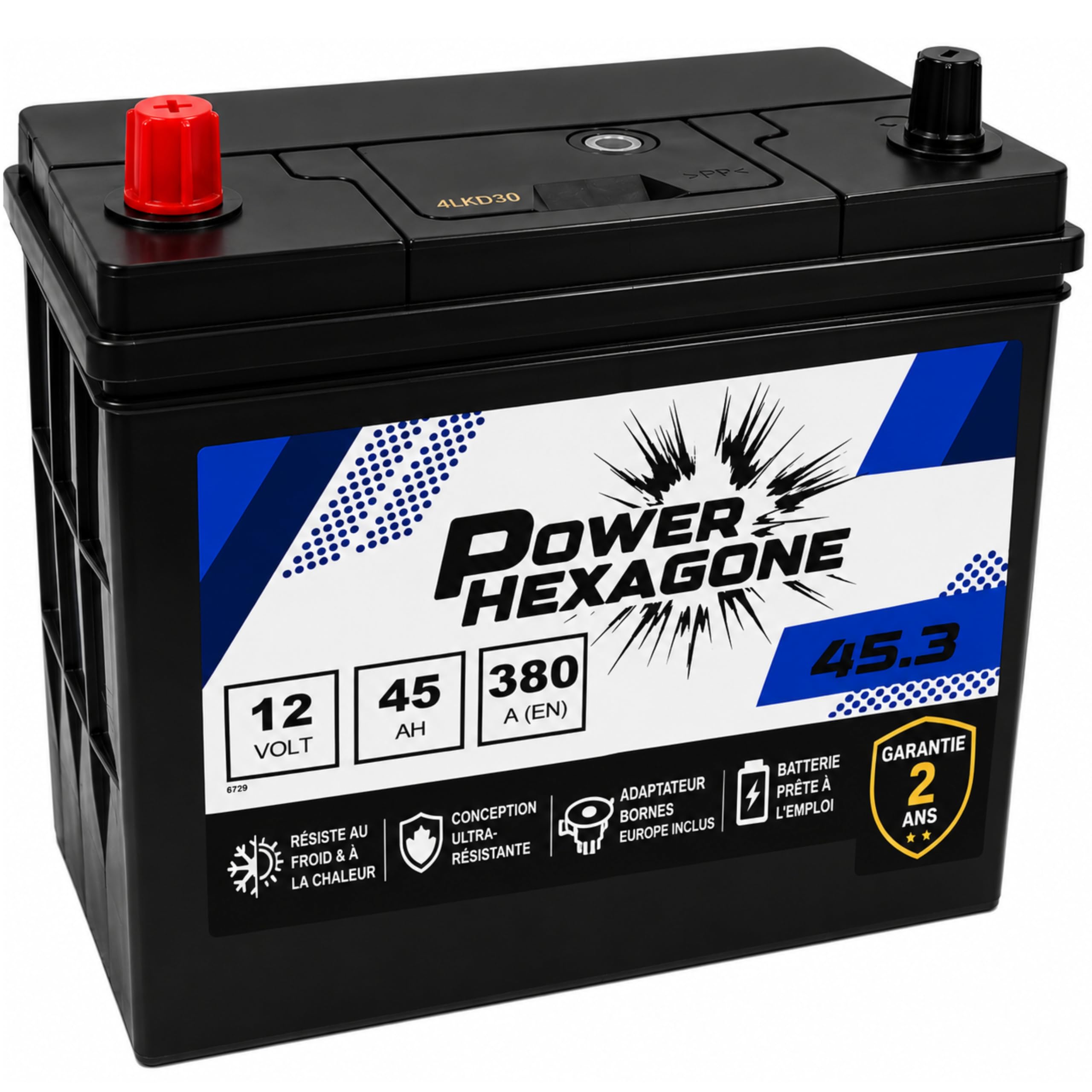 Batterie 12V 45Ah B24R - Démarrage 380A - Batterie Auto Sans Entretien - Format B24R Compact Compatible Voiture, Tracteur et Chantier - Remplacement Origine - Power Hexagone