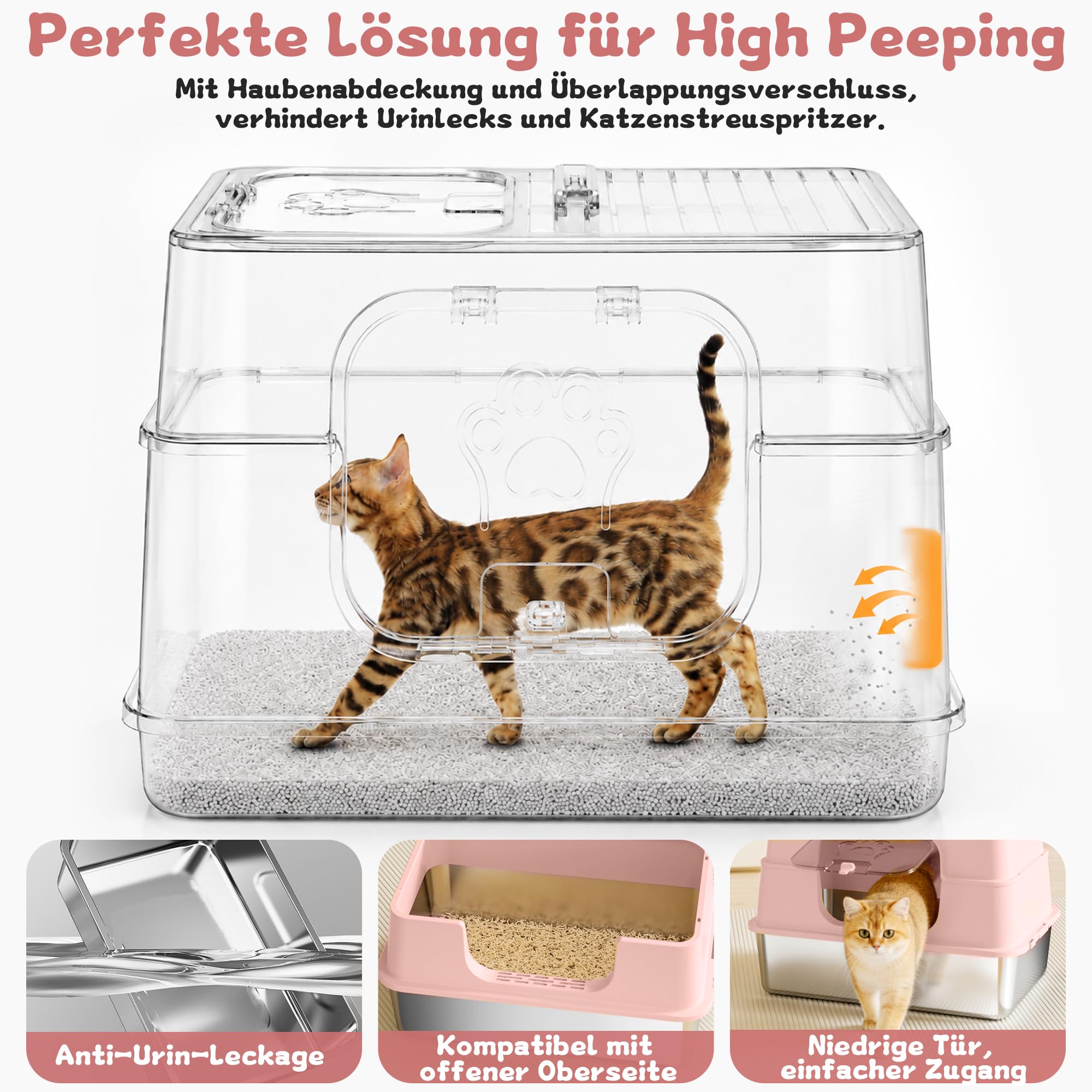 XL Katzentoilette Edelstahl mit Deckel, 2 in 1 Katzenklo Offen oder Geschlossen, Große Katzentoilette mit Hohem Rand, Doppeltür Design, Streuschaufel Inklusive, 61 x 41 x 40 cm-Rosa