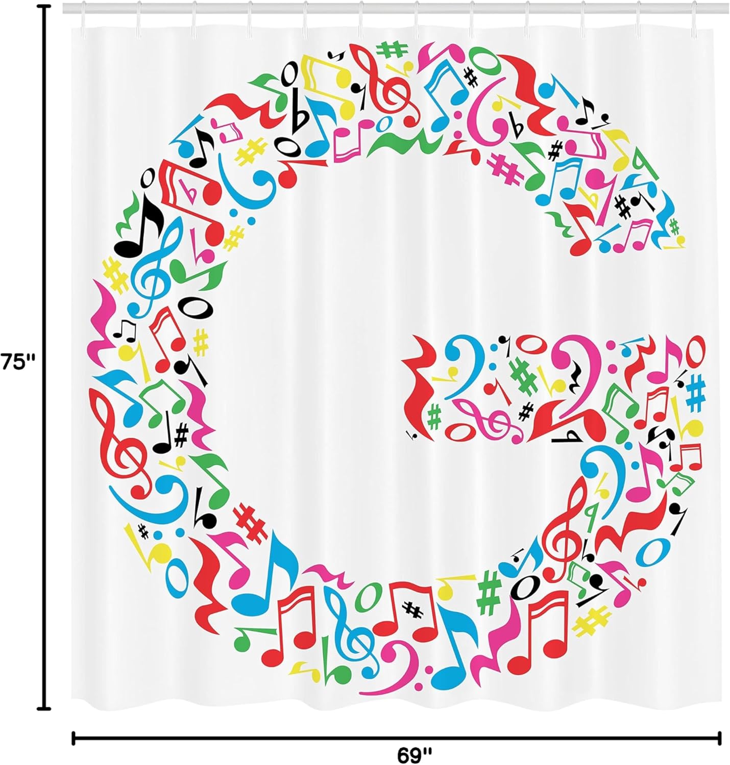 Ambesonne Letter G Shower Curtain, Majuscule G and Music Inspired Theme Colorful Musical Notes Alphabet Art Print, Cloth Fabric Bathroom Decor Set with Hooks, 69" W x 75" L, White Ivory