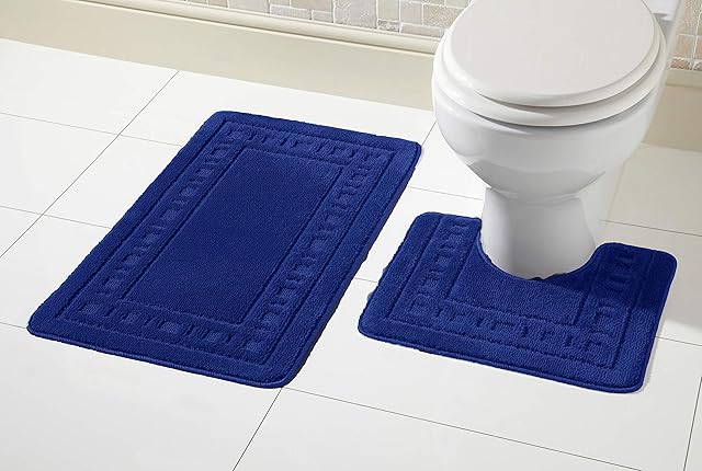 Olivia Rocco Miami 2 Piece Bath Mat & Pedestal Set, Non Slip Bathroom Set (Navy)