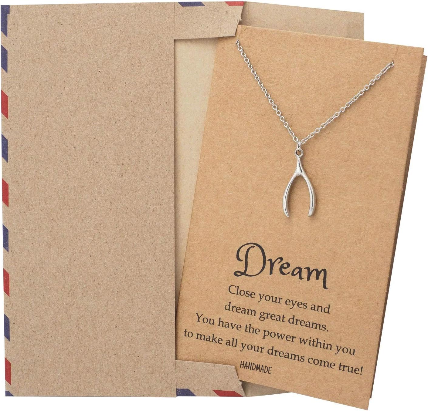 quan jewelry Wishbone Pendant Necklace, Good Luck Charm Necklace with Inspirational Greeting Card 16" - 18" - Image 3
