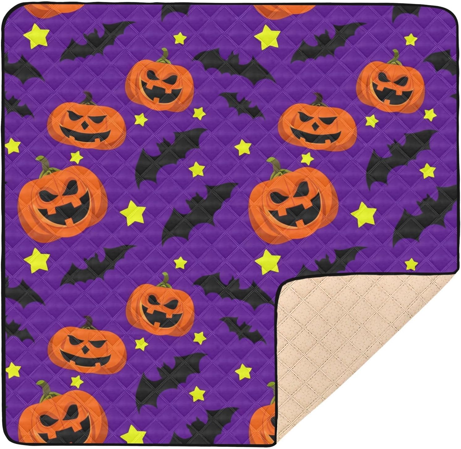 Halloween Pumpkins & Bats Baby Play Mat, 50“ X 50” Washable Folding Crawling Mat, Baby Floor Mat, Soft, Non-Slip