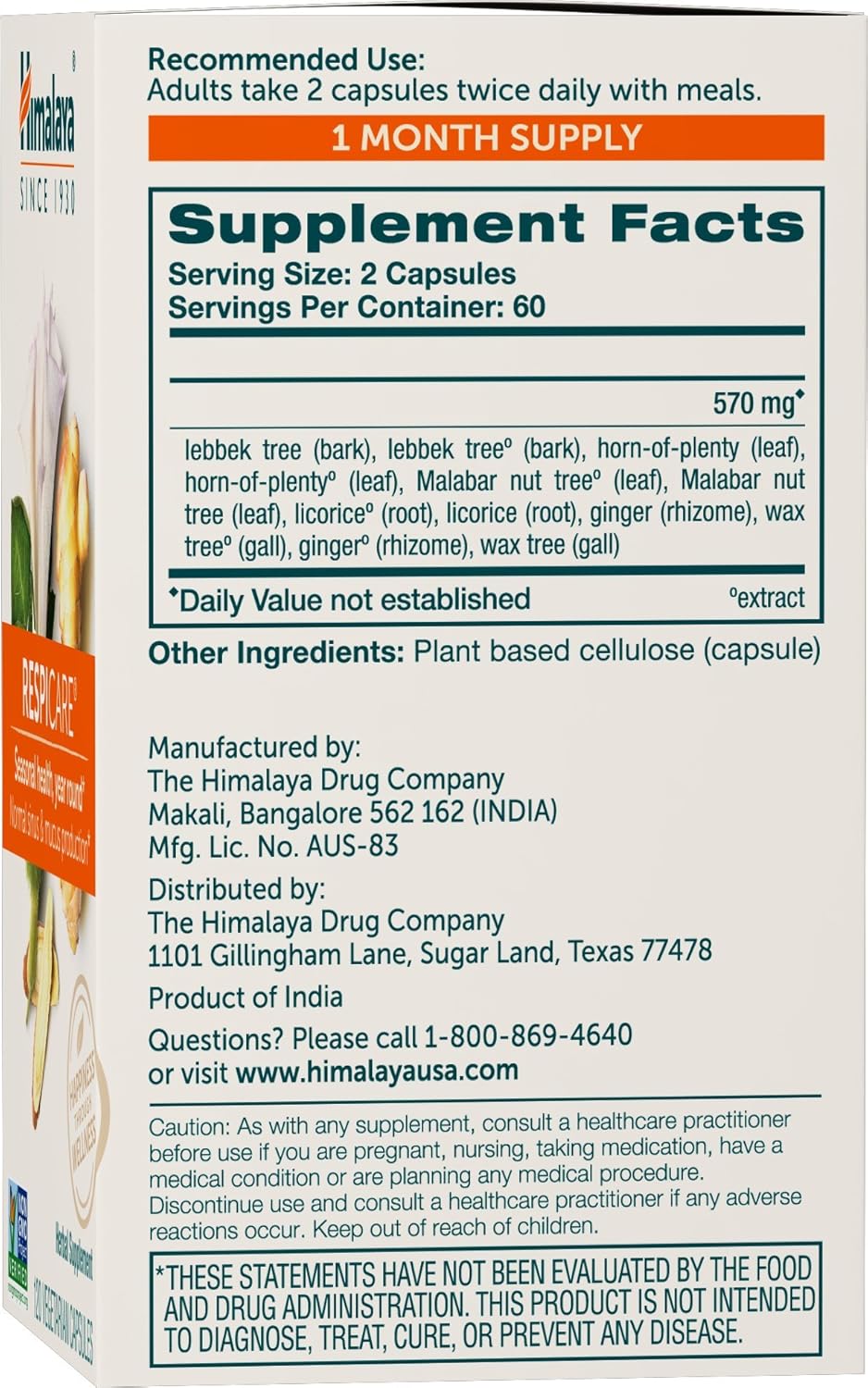 Himalaya RespiCare for Healthy Breathing and Sinus Support, 570mg, 120 Capsules, 1 Month Supply : Health & Household