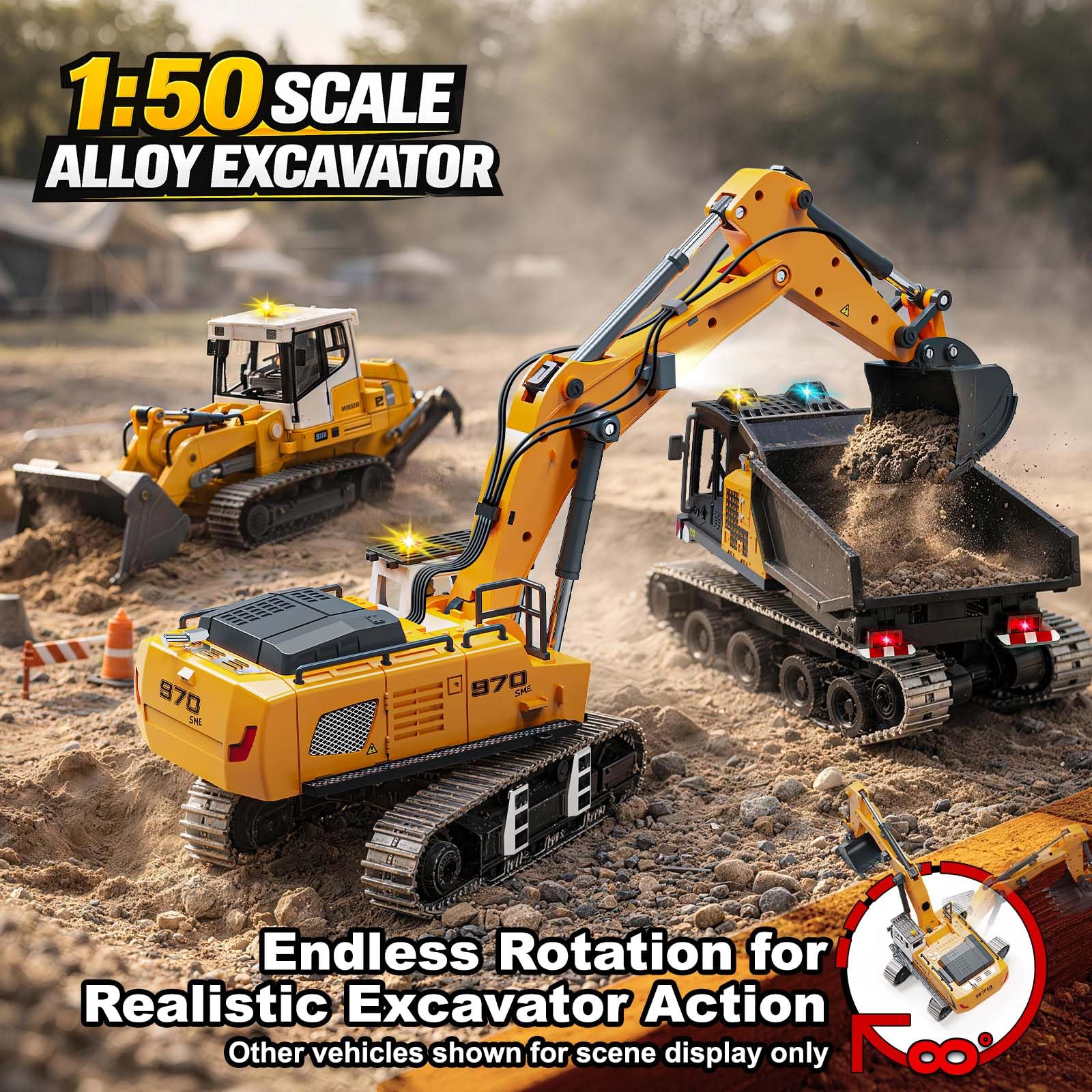 Escavatore Radiocomandato Professionale Mini 1:50 per Sabbia e Sabbiera, Escavatore RC Cingolato con Benna in Metallo e Cingoli Metallici, Telecomando LCD 2,4 GHz, Luci e Suoni, 2 Batterie