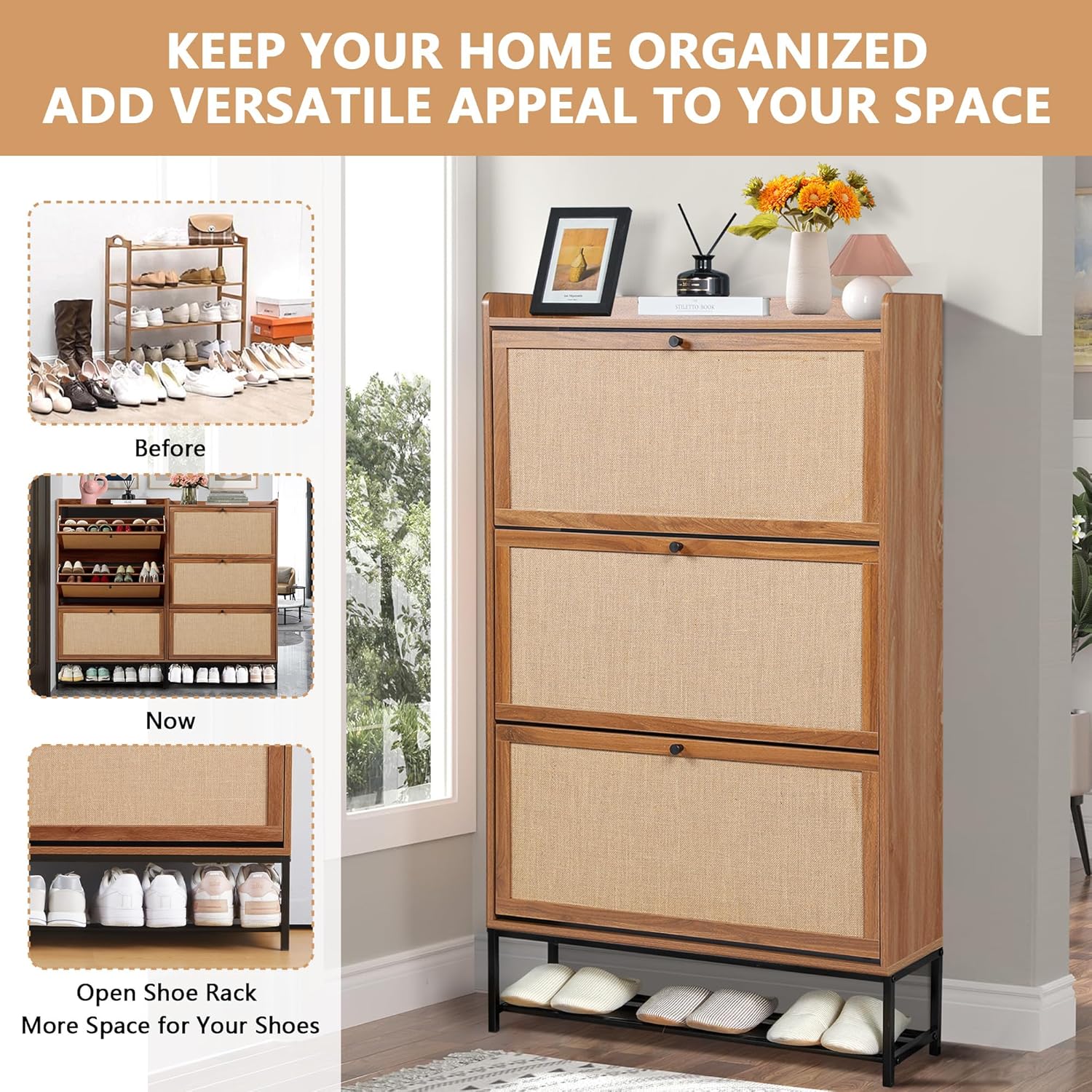 Before and after image showing organized shoes in the cabinet