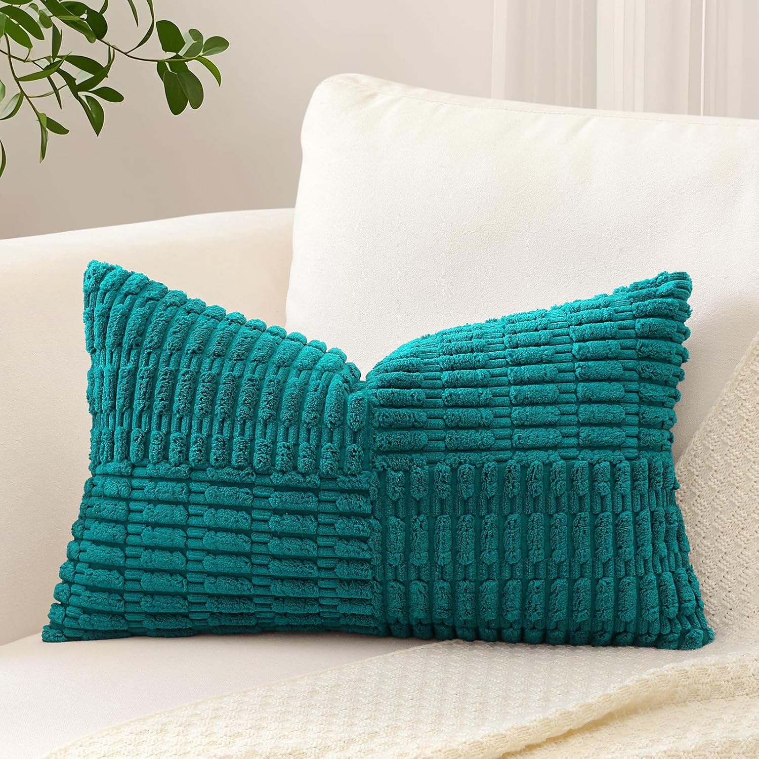 OTOSTAR Set of 1 Decorative Throw Pillow Cover Soft Corduroy Solid Lumbar Pillow Case Boho Striped Cross Patchwork Textured Farmhouse Cushion Cover for Sofa Car Patio Bed Living Room 16x24 Inch, Teal