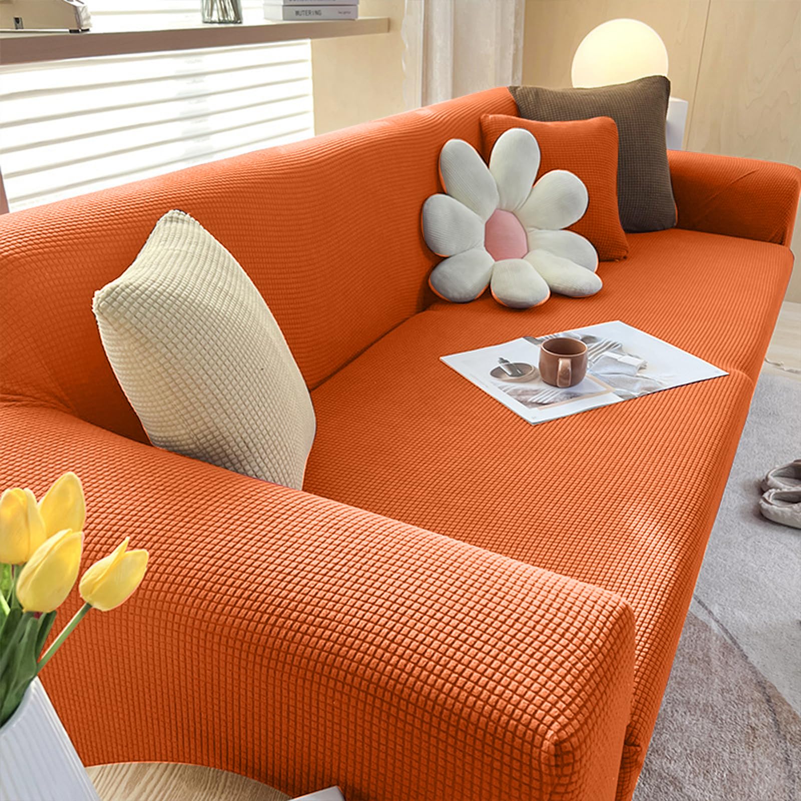 Housse de canapé extensible 4 places orange pour effacer les usures