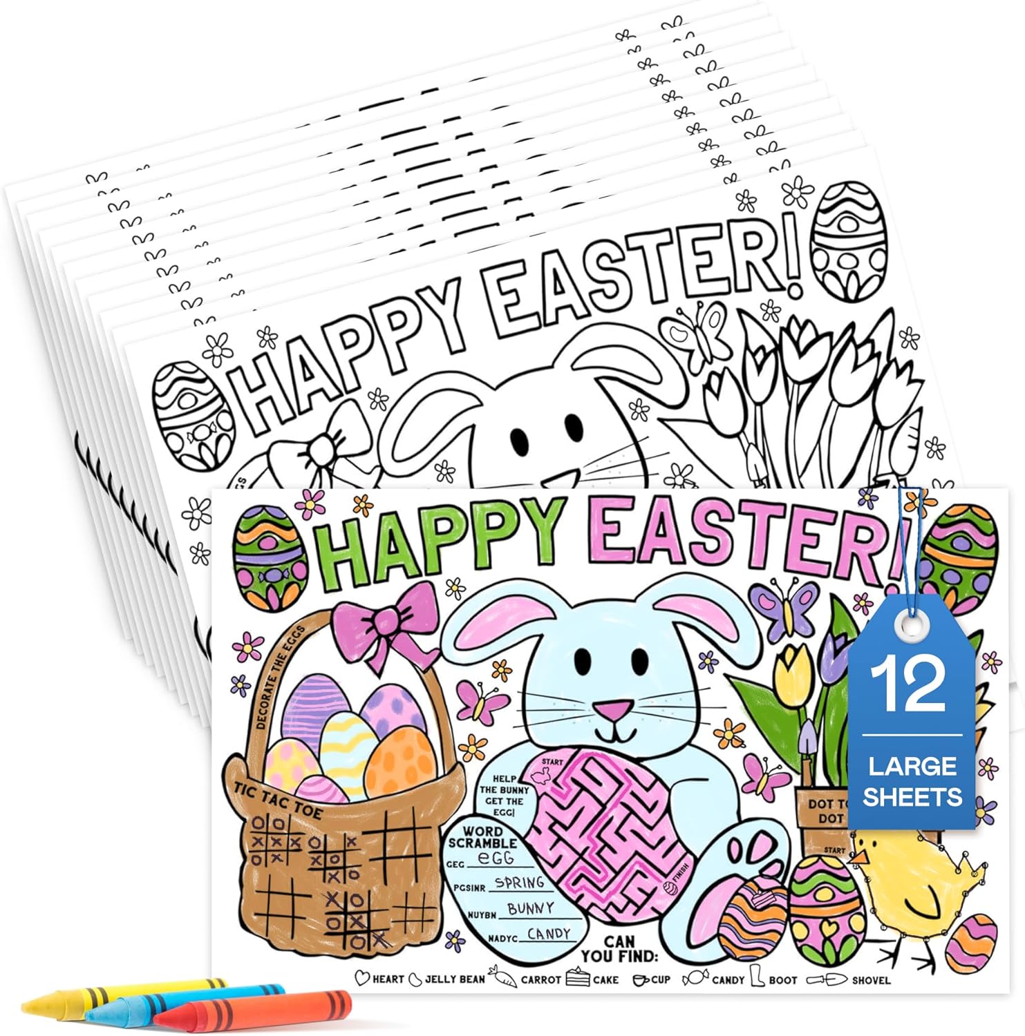 Tiny Expressions - Easter Coloring Placemats - Set of 12 Large, 11" x 17" Disposable Paper Placemats with Bunny & Egg Designs