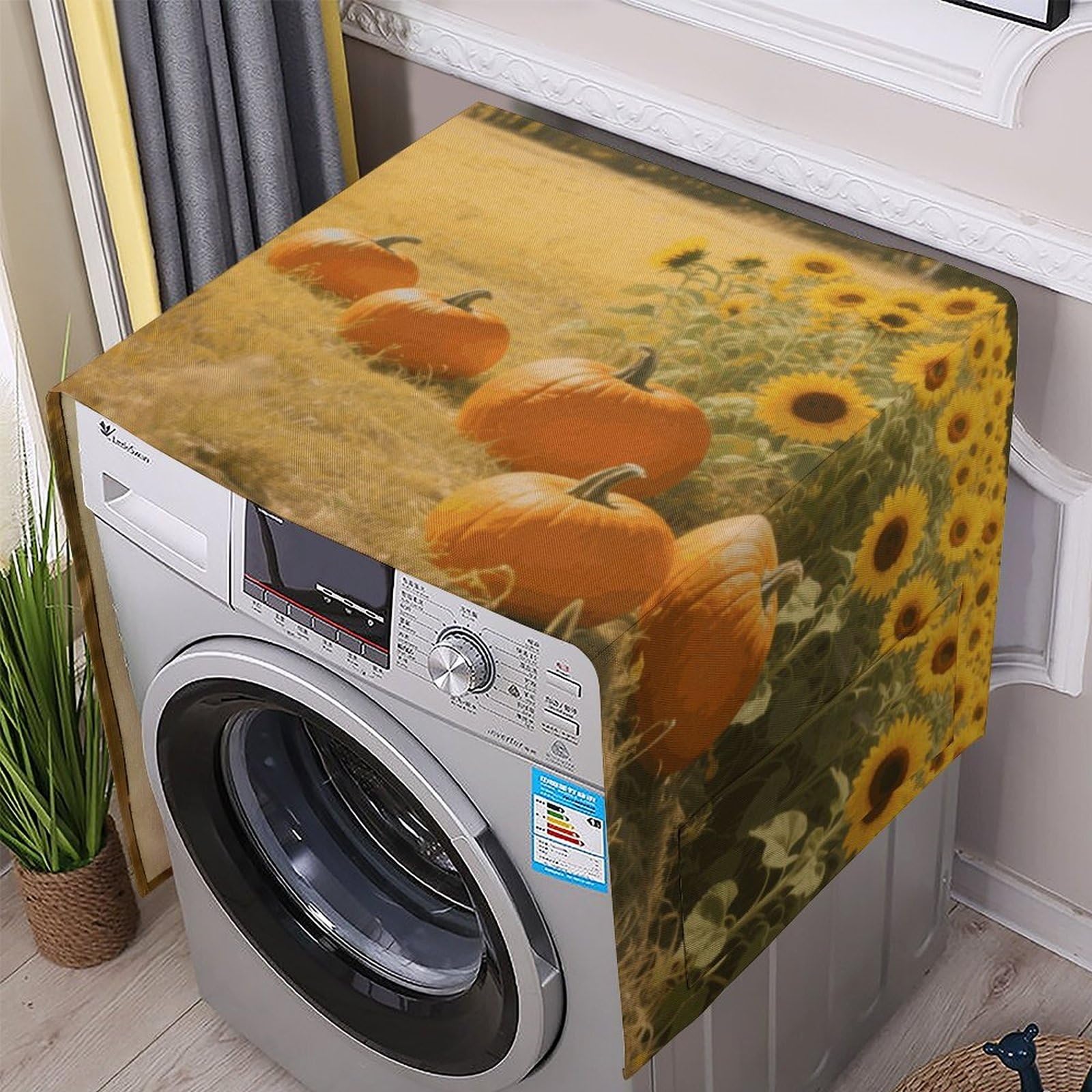 Fodpand White Washing Machine Cover For Top Load Dustproof Pumpkin And Sunflower Washer And Dryer Cover With Storage Pockets Household Appliance Covers Washable Top Protector Mat Pad For Laundry & Kitchen