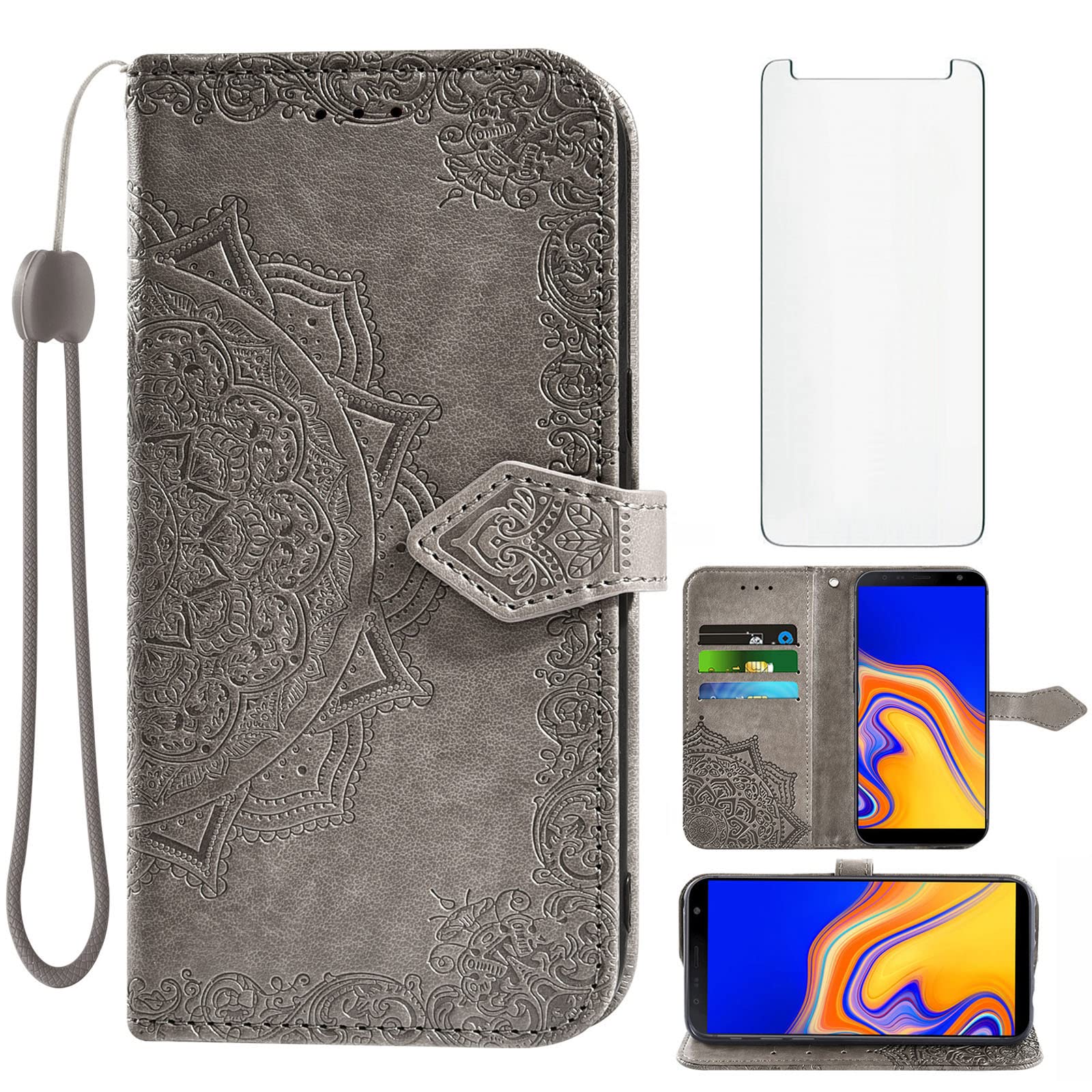 Compatible with Samsung Galaxy J4 Plus Wallet Case and Tempered Glass  Screen Protector Flip Cover Credit Card Holder Stand Cell Phone Cases for  Glaxay