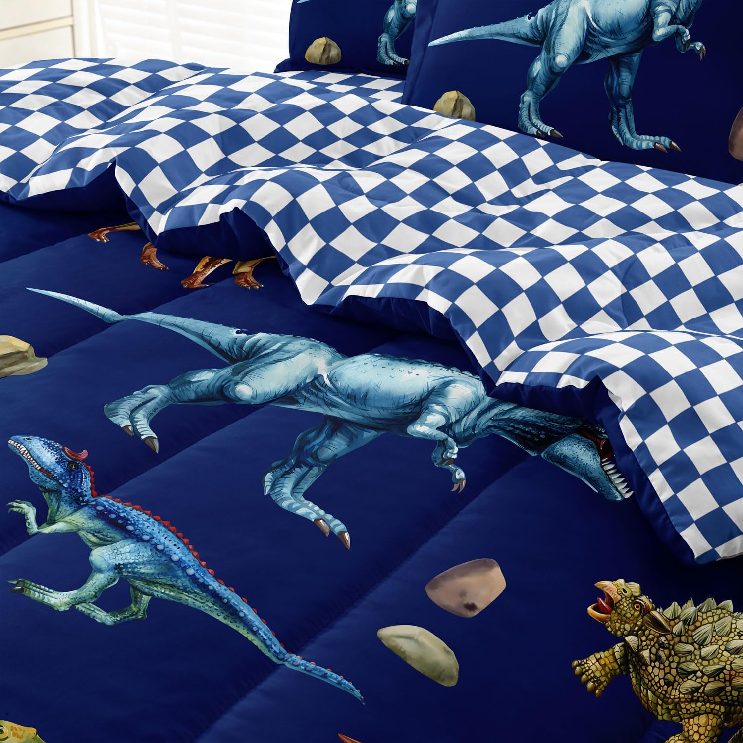 Kid Twin Comforter Set - 5 Piece Dinosaur Bedding Set for Boys/Girls - Super Soft Microfiber Bed in a Bag with Comforter, Sheets, Pillowcase, Blue
