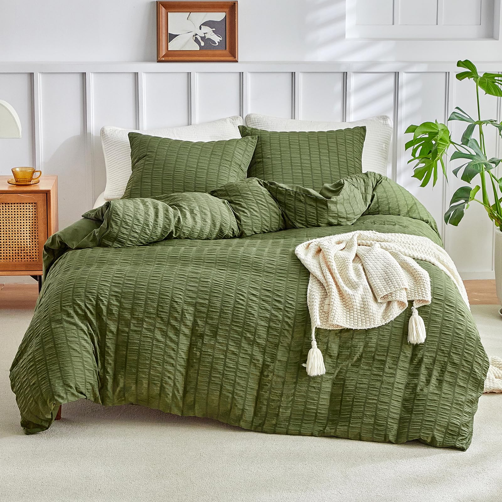 DuShow Olive Green Duvet Cover Double,3 Pieces Seersucker Bedding Set,Textured Duvet Set including 2 Pillowcases for Double Bed Soft Microfiber Duvet Cover Set 200x200 cm,Green