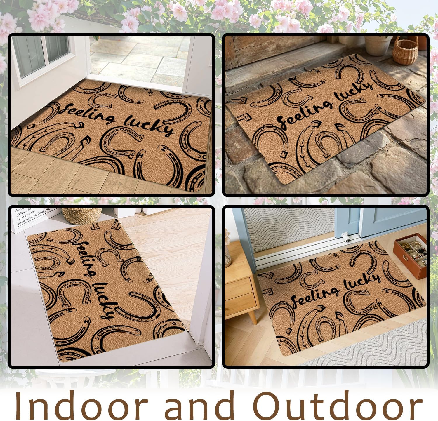 Funny Horseshoe Farmhouse Faux Coir Door Mats Outdoor Outside Entrance 17x30 Inch, Feeling Lucky Welcome Mats Entry Rug for Front Door Porch Entryway