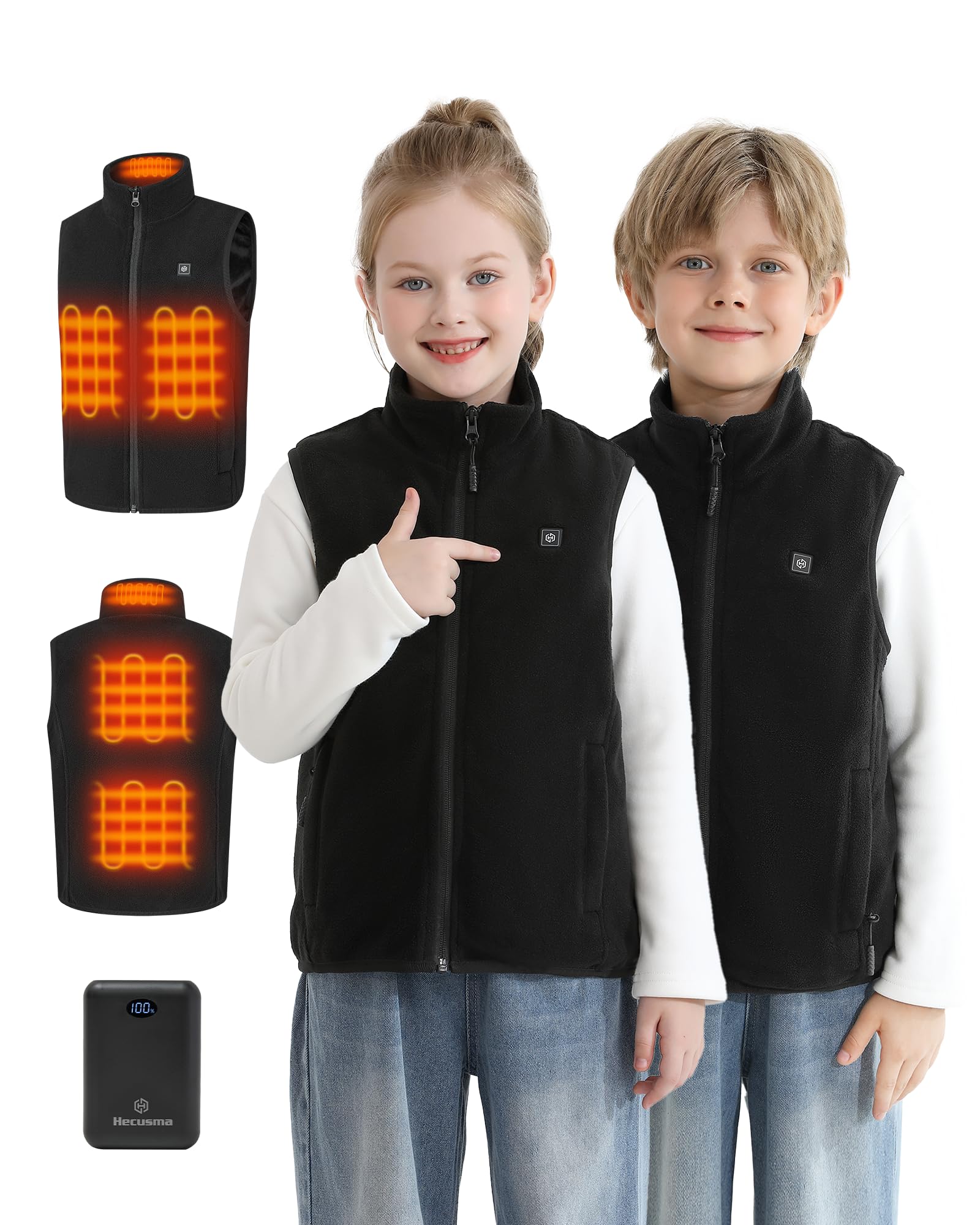 Gilet Chauffant Enfant avec Batterie 7,4 V 12000 mAh, Gilet Chauffant Enfants Polaire avec 5 Zones de Chauffage, Veste Chauffante Enfant Mixte enfant 5-14 ans pour Garçons Filles Hiver