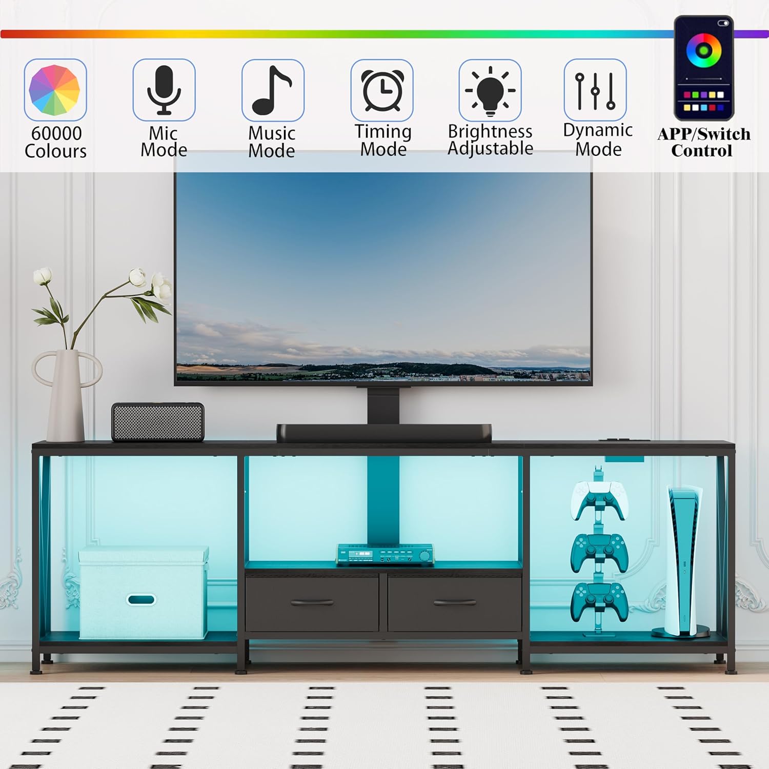 63" W TV Stand with Mount for 50,55,65,75" TV,Entertainment Center with Power Outlet and Led Lights,Height Adjustable TV Console Table with Open Storage Shelves and Fabric Drawers (Black) - Image 3