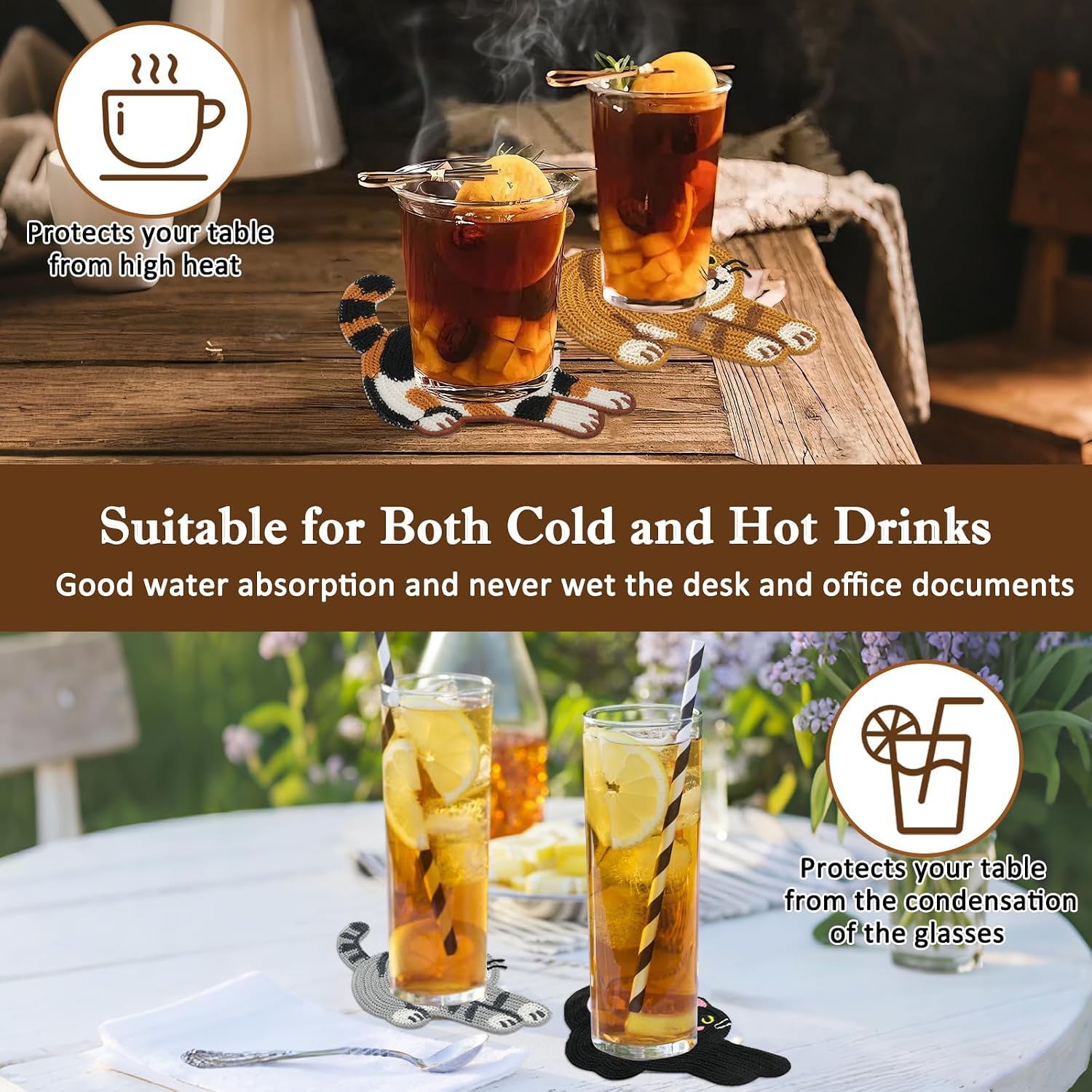 Cute Cat Coasters for Desk, Funny Woven Coaster for Decoration, Creative Gifts for Cat Lovers, Crochet Insulation Knitted Coasters for Coffee Tea Table Desktop Protection (4, Style C) image 5