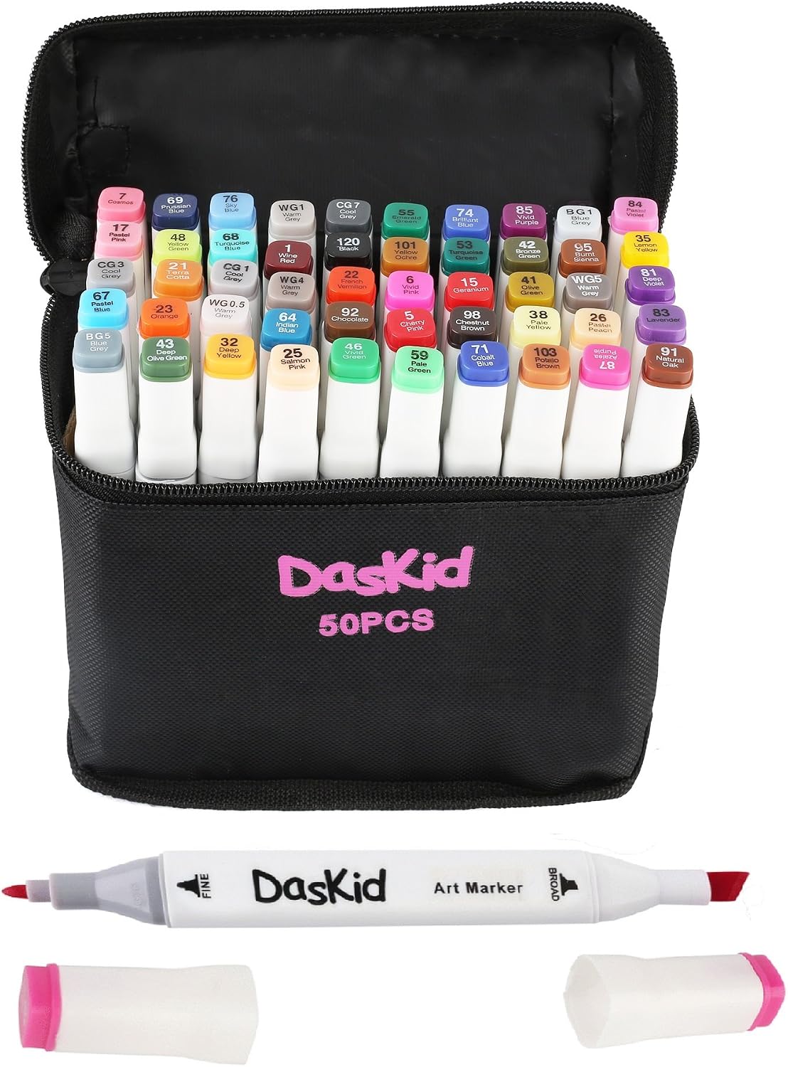 50 Artist Dual Tip Art Markers Set, Permanent Marker Pens Highlighters with Case Perfect for Illustration Adult Coloring Sketching and Card Making