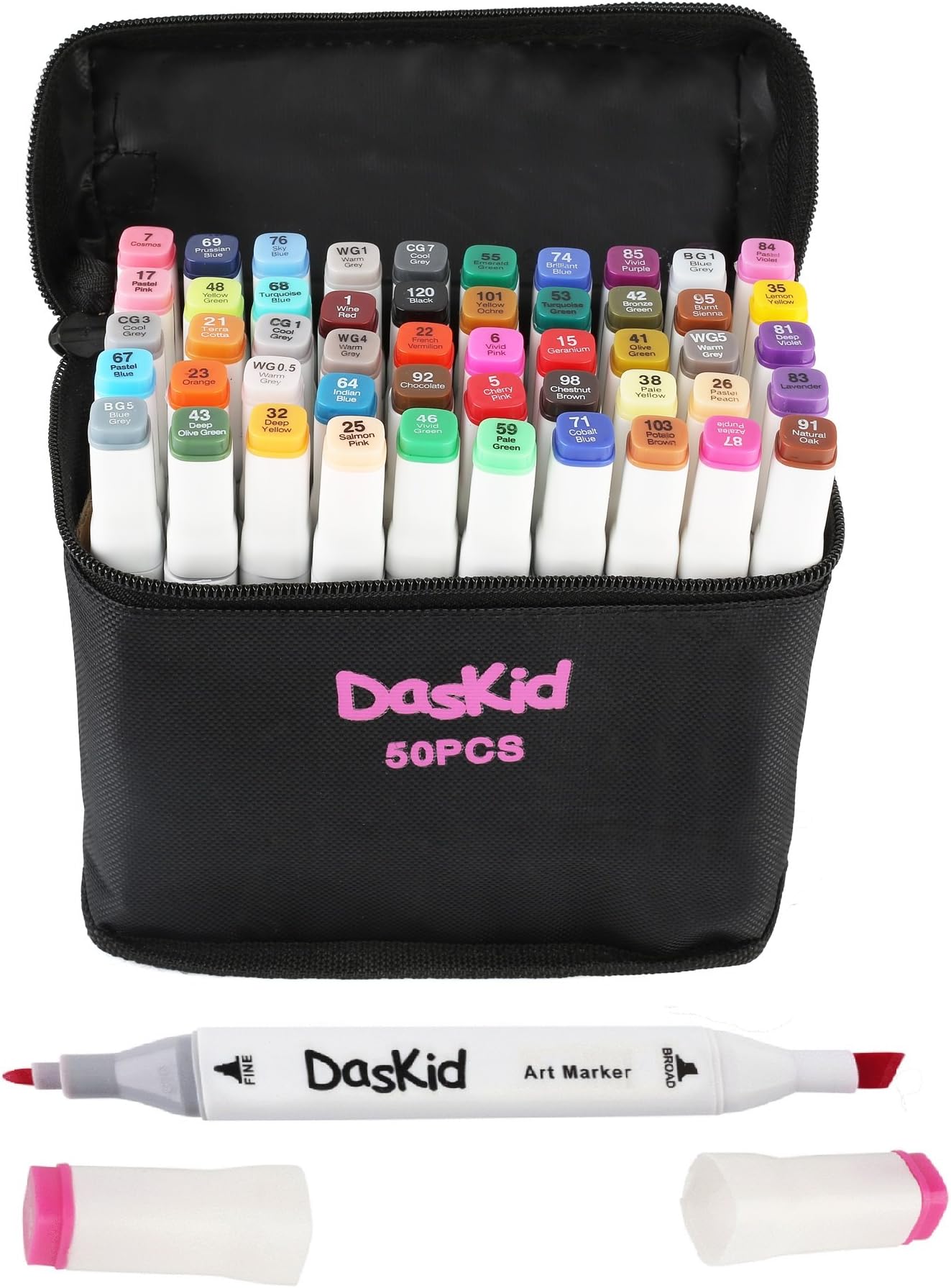 50 Artist Dual Tip Art Markers Set, Permanent Marker Pens Highlighters with Case Perfect for Illustration Adult Coloring Sketching and Card Making