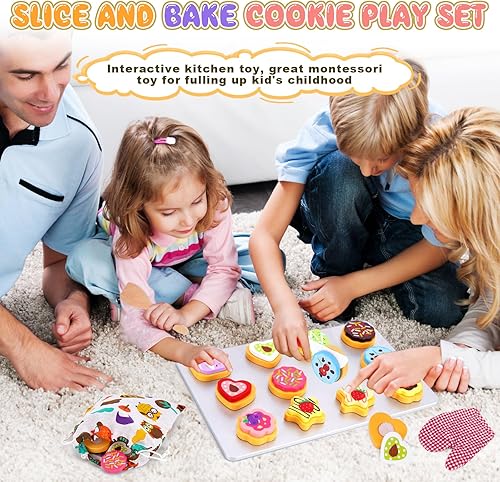 Miniatura 6 de Slice and Bake - Juego de comida de madera para cocina de niños, accesorios de comida de juguete, galletas y bandeja para hornear, juego de hornear