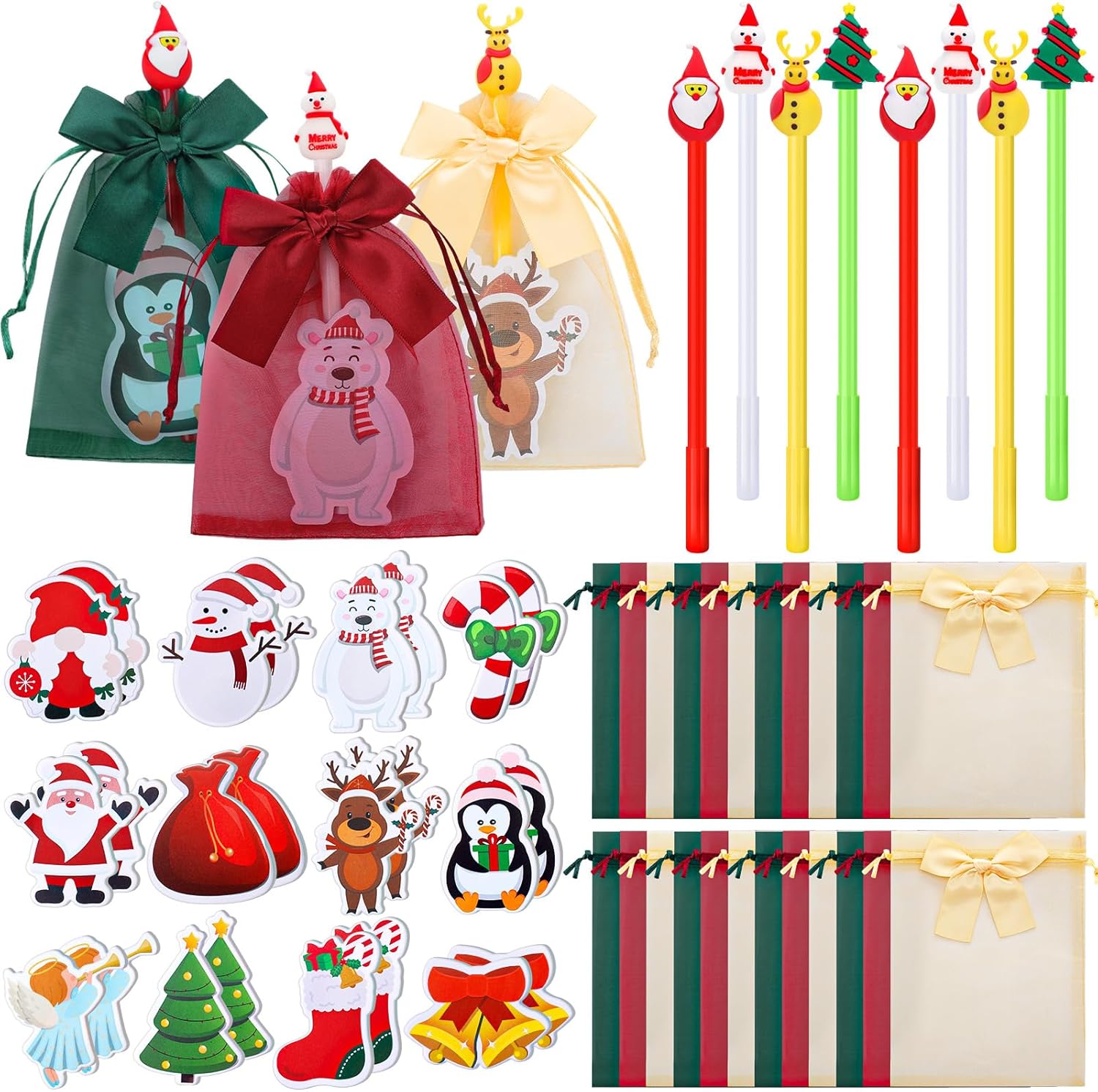 (Similar to stock photo)Geyoga 24 Set of Christmas Stationery Set Santa Sticky Notes 0.5 mm Gel Ink Pens Classroom Xmas Tree Gift Bags Note Pads for School Basket Stuffer Bag Fillers Party Supplies Favors Decoration Gift