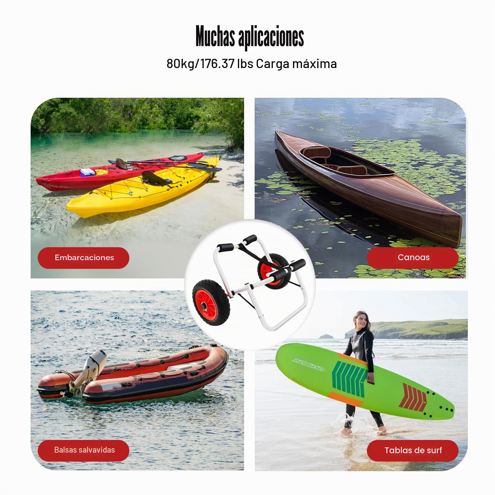 Carro de Kayak Plegable para Canoa, Carro Paddle Surf, Capacidad de Carga de 80 kg, Carro de Transporte de Aluminio para Tabla de Sup, Canoa y Barco, Ruedas de Poliuretano de 10 Pulgadas para