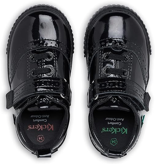 Kickers Tovni Girls' Black Leather T-Bar School Shoes - Patent Brogue Detail, Hook & Loop Fastening-394524
