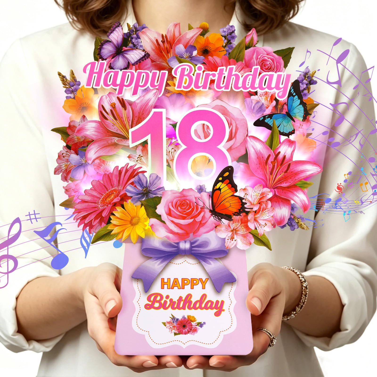 18th Birthday Cards for Girls, 3D Pop-up Birthday Card w Music & Lights | 10 Inch Forever Lily Bouquet Pop-up Card, Happy Birthday Card Gifts for 16 Year Old Daughter, Granddaughter, Niece