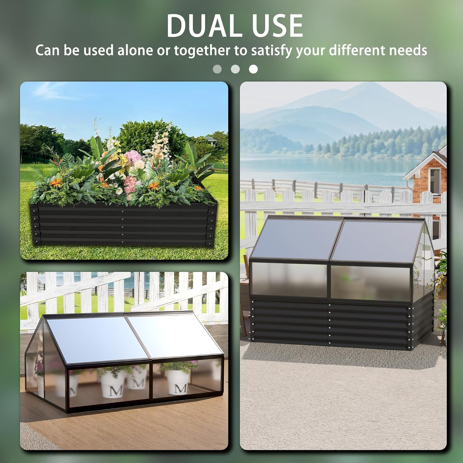 68.7" Raised Garden Bed with Greenhouse Cover, Galvanized Steel Planter Box with Open Bottom Drainage, Dual Use Outdoor Metal Planter for Vegetables Flowers and Herbs