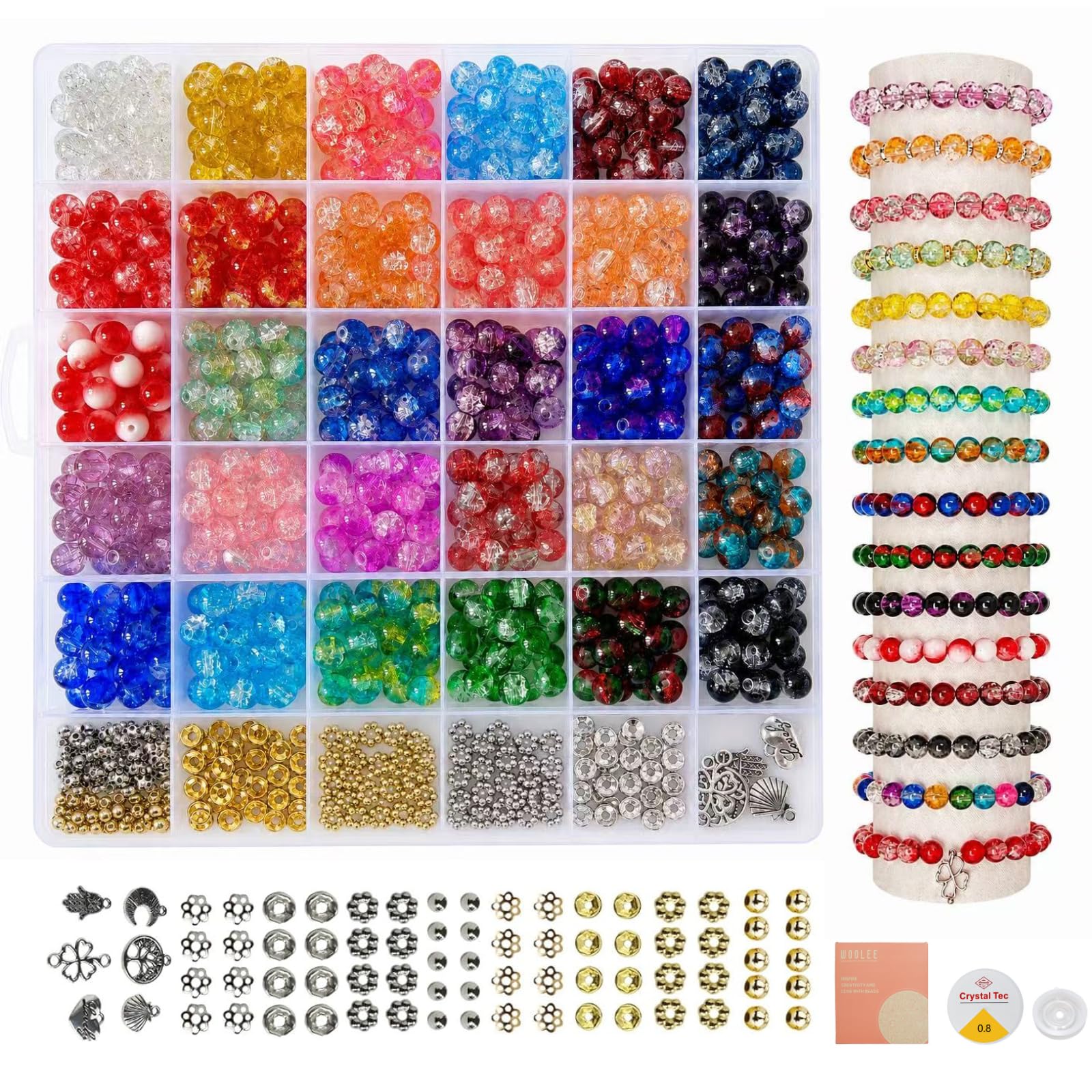 1000Pcs+ Crackle Glass Beads Bracelet Making Kit, 30 Colors 8MM Crystal Round Glass Beads Jewelry Making kit. Bracelet, Necklace, Earrings and Phone Lanyard DIY Craft Set, Gift for Girls — image 1