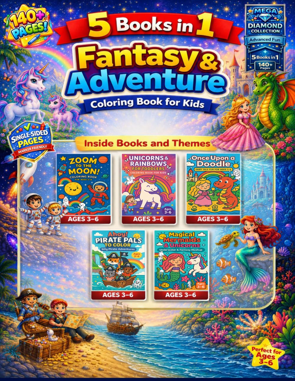 Jumbo Book Fantasy & Adventure Themes: 5 Themes in 1 book - single sided pages: 5-in-1 Coloring Book for Ages 3–6 | Unicorns, Princesses, Mermaids, ... Kids | Big Simple Pages for Fun & Learning