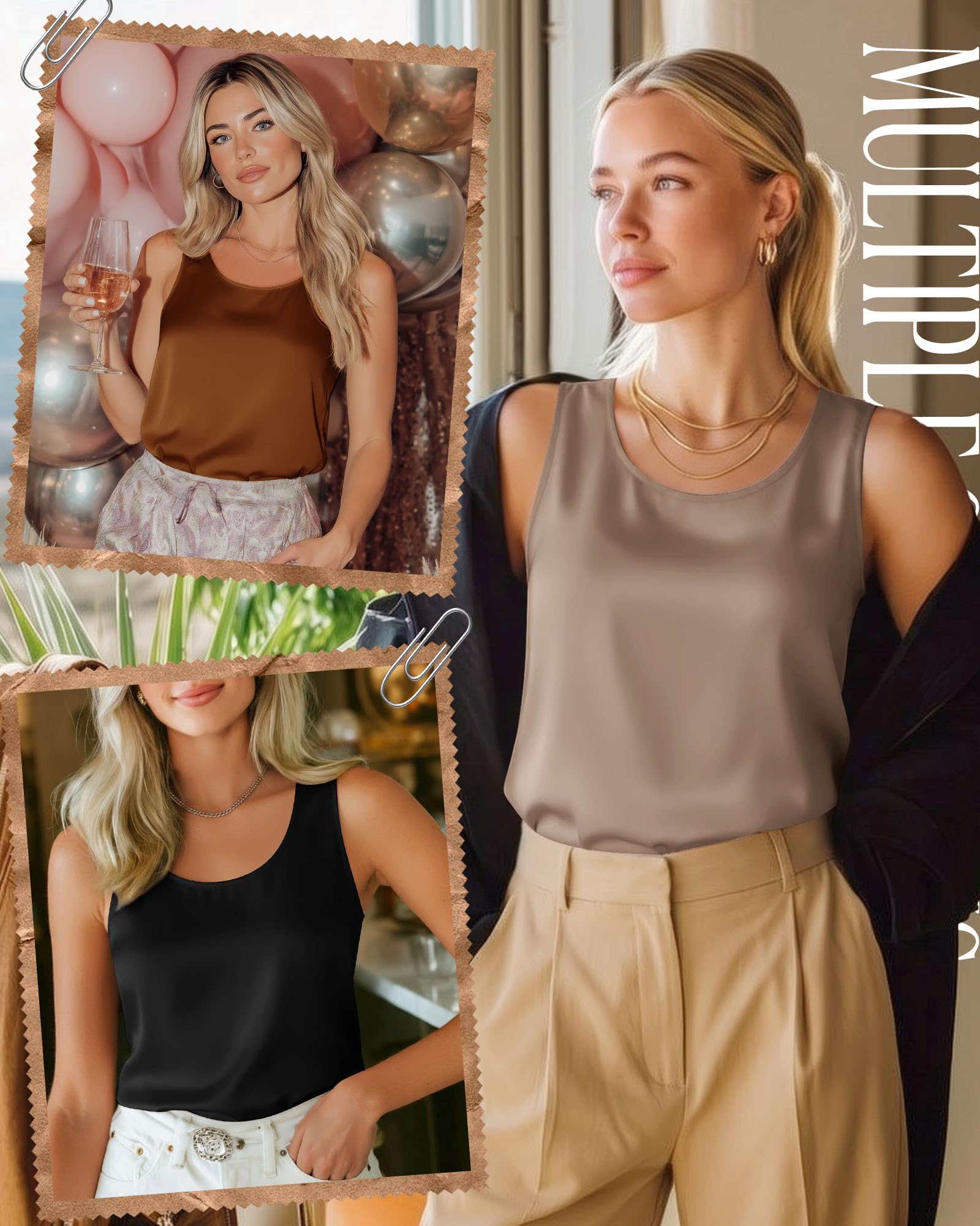 De 3 Débardeurs en Satin pour Femme | Caracos Effet Soie, Blouses Sans Manches À Col Rond, Tenues Professionnelles Décontractées, À Porter Sous Un Blazer